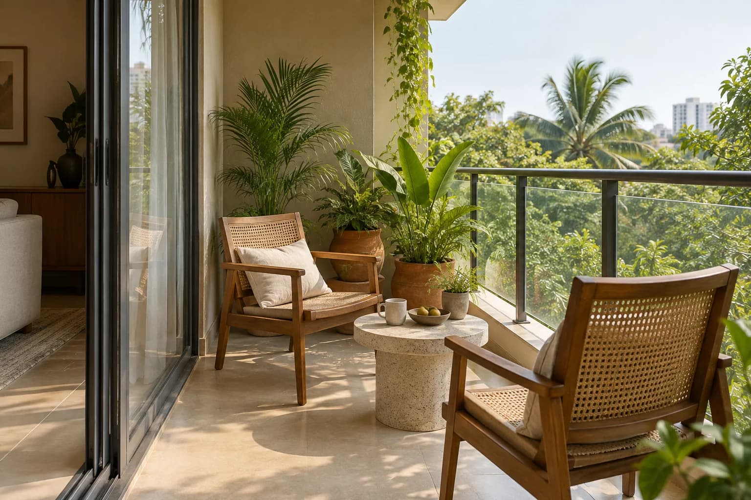 A quiet balcony with cane chairs and tropical plants