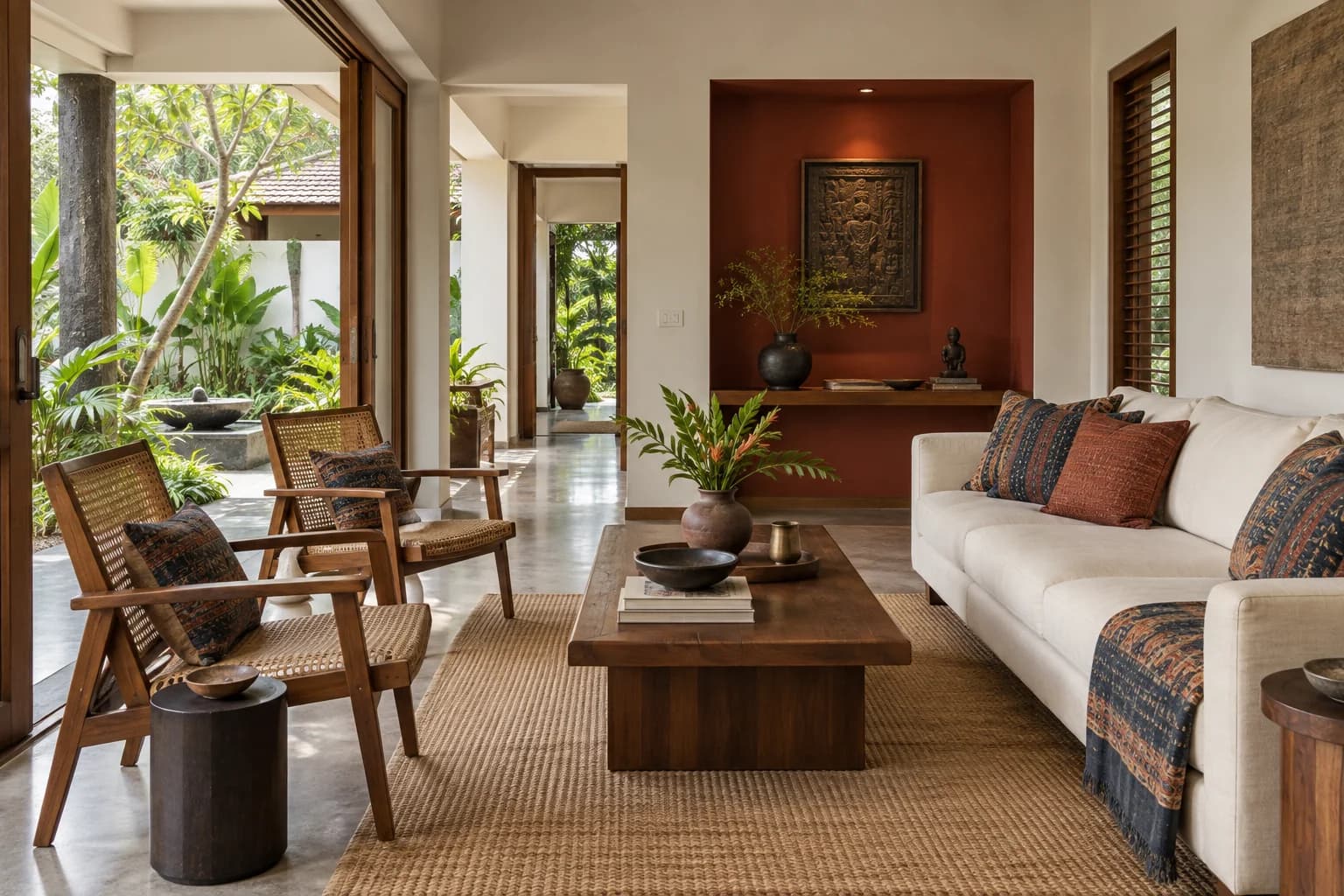 Contemporary Indian living room with teak, cane and woven textiles