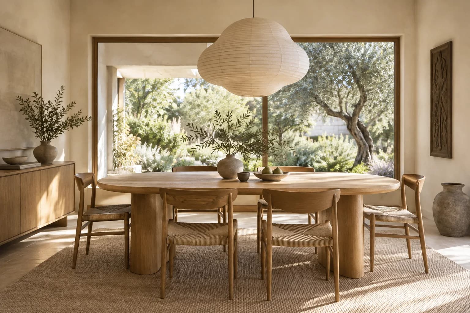Japandi dining room with a rounded oak table, woven chairs and a sculptural paper pendant