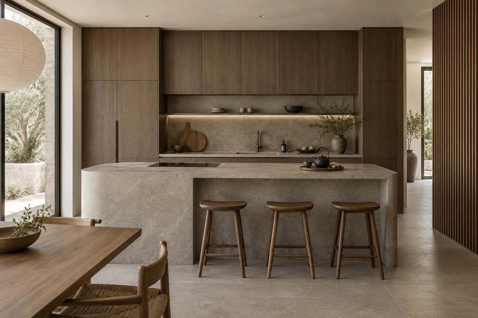 A Japandi kitchen with smoked oak cabinets, warm-grey stone island, softly rounded corners, recessed handles, a restrained tea setup and delicate slatted wood screening.