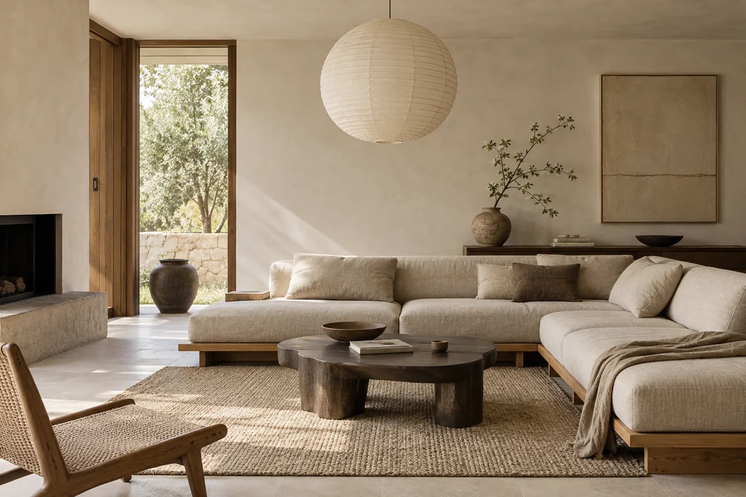 Quiet Japandi living room with low oak seating, linen and soft daylight