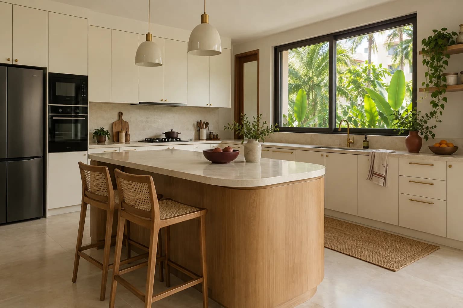 Contemporary cream kitchen with a rounded oak island and natural stone surfaces