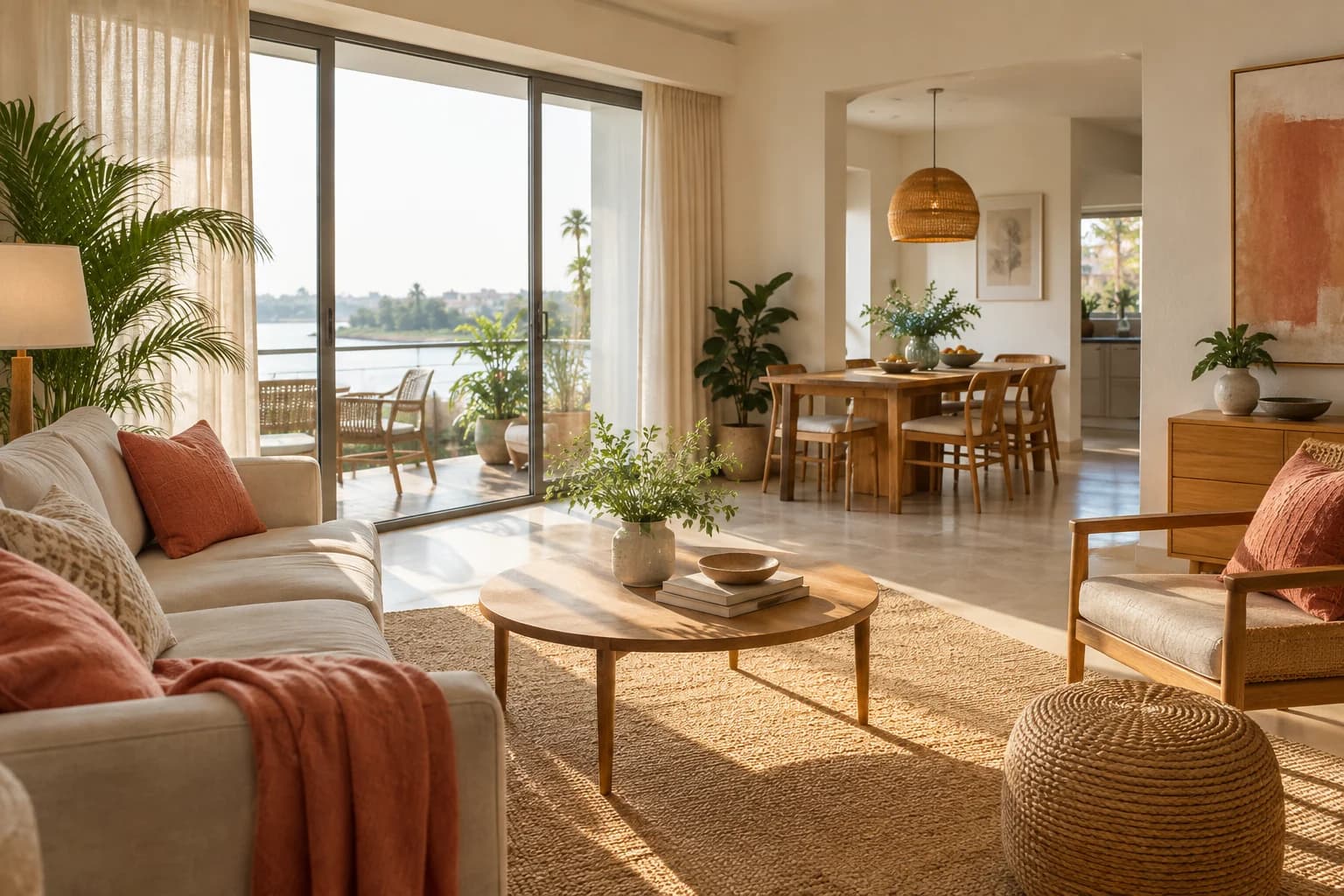 Sunlit living and dining room with soft linen seating, natural oak and tropical greenery