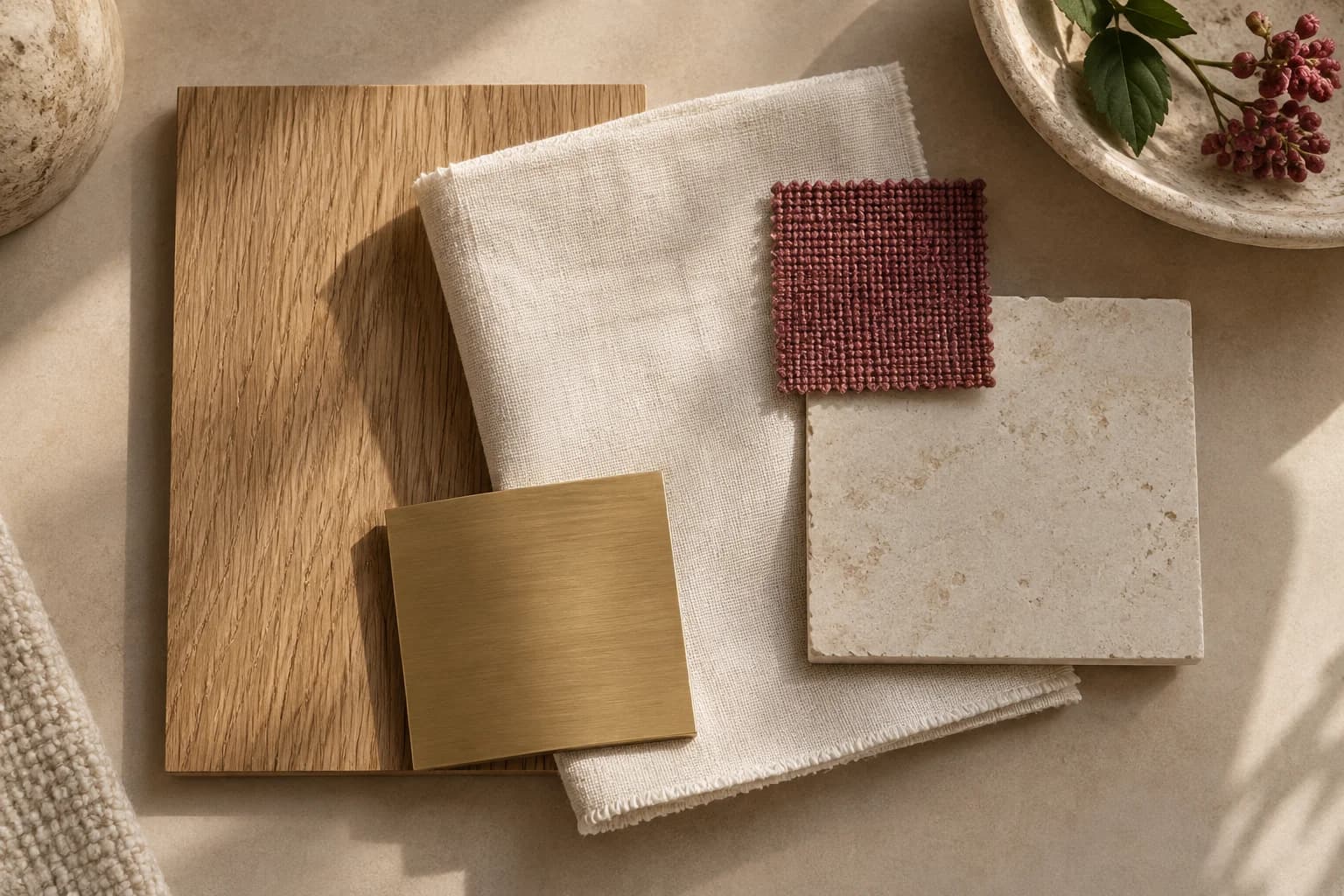 Wood, stone and linen samples gathered for an interior design conversation
