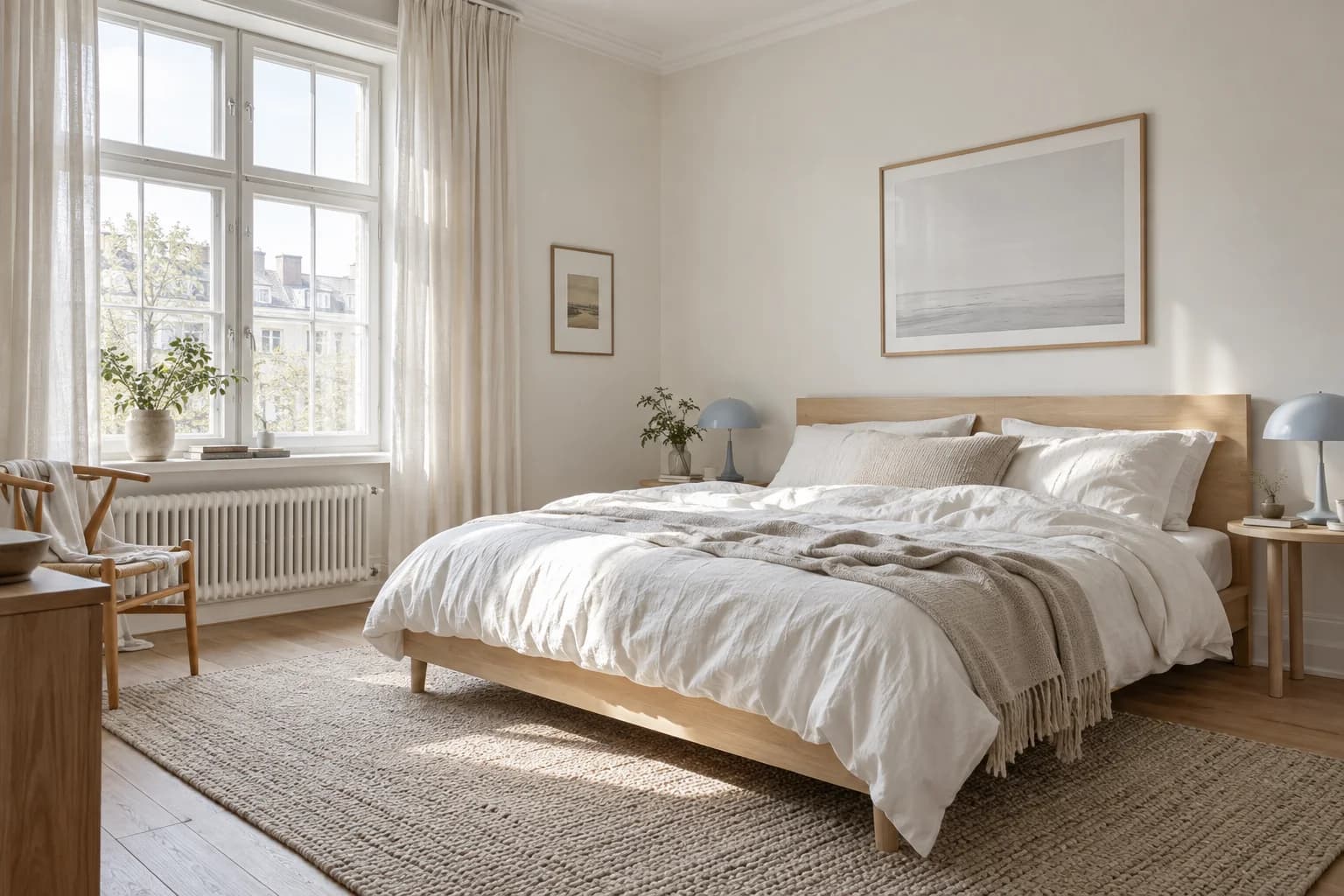 A Scandinavian bedroom with a pale ash bed, cloud-white rumpled linen, oatmeal wool rug, a powder-blue bedside lamp, tall window and very spare framed art.