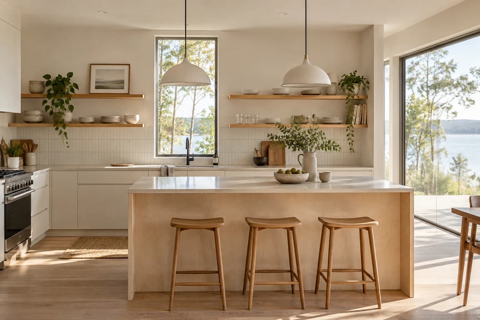 Bright Scandinavian kitchen with pale timber, white cabinetry and open shelves