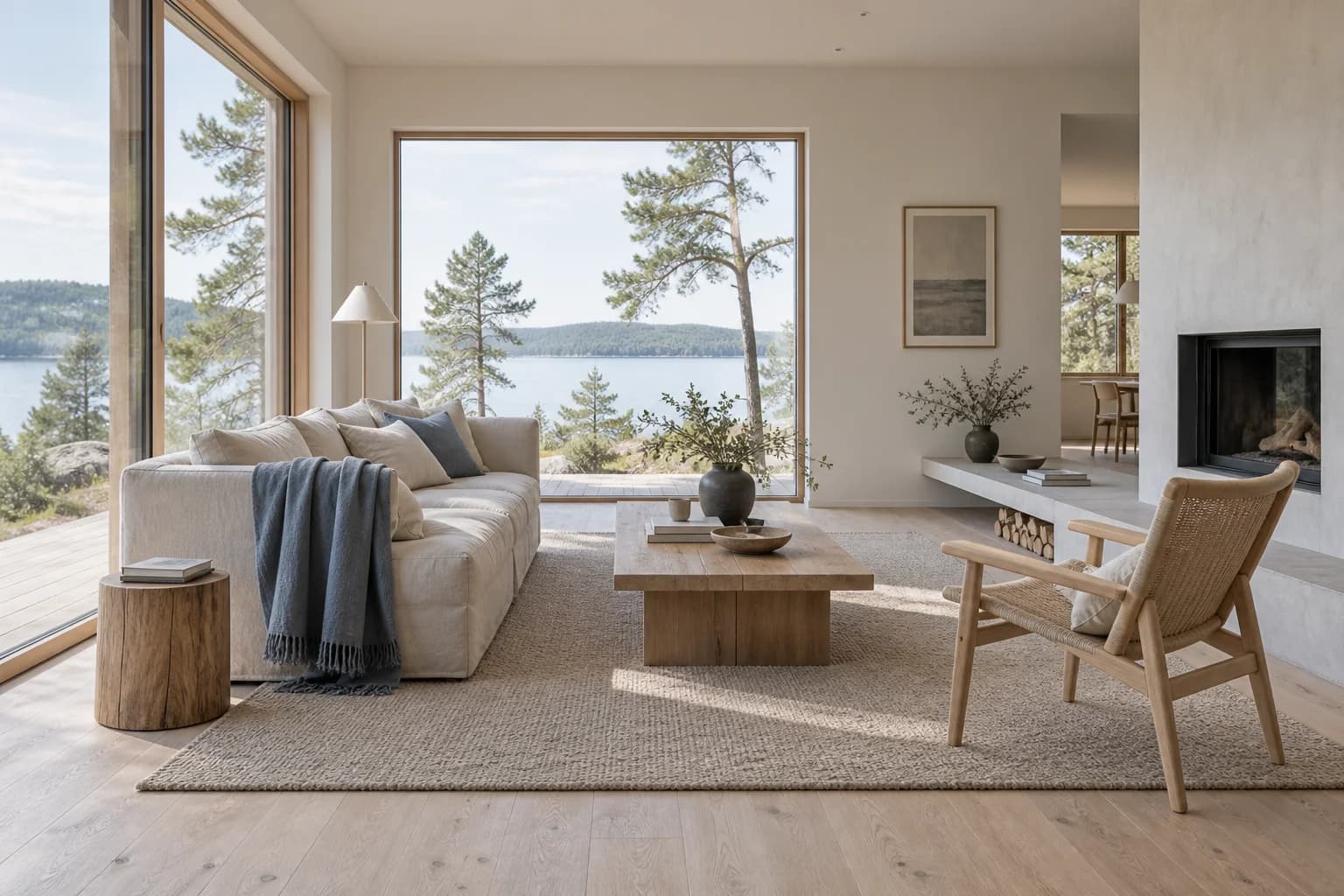 Light Scandinavian living room with pale wood and soft textiles