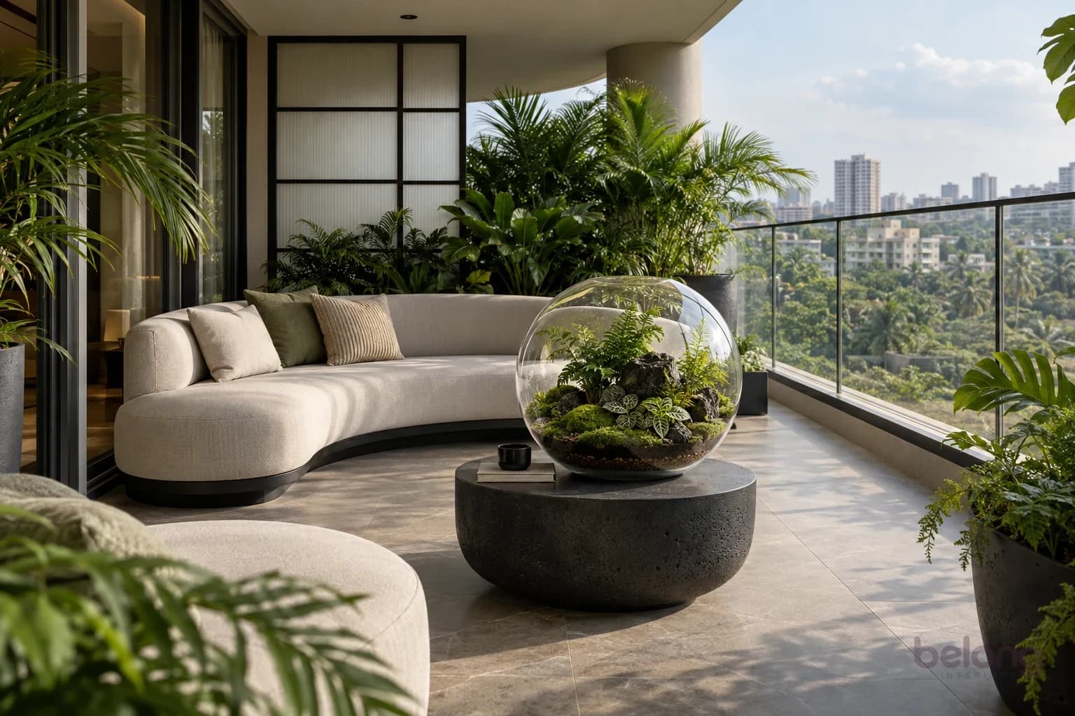 A circle of quiet green — a modern Japanese-inspired tropical balcony with comfortable seating and a planted glass terrarium.