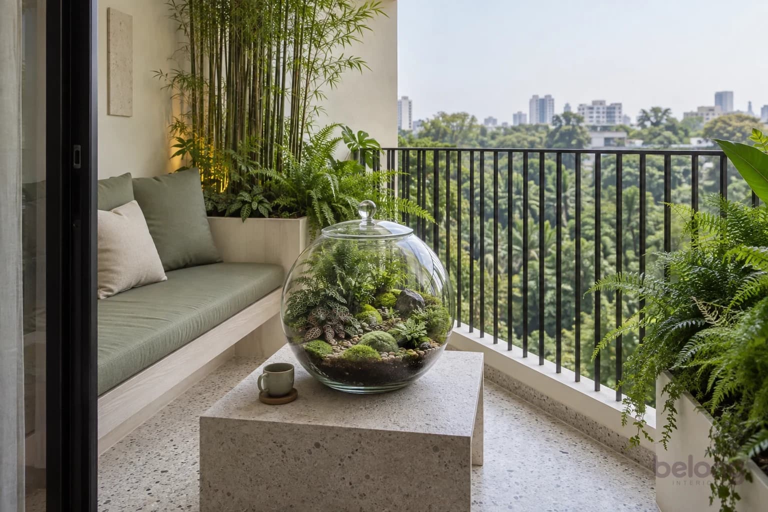 A little moss tea garden — a modern Japanese-inspired tropical balcony with comfortable seating and a planted glass terrarium.