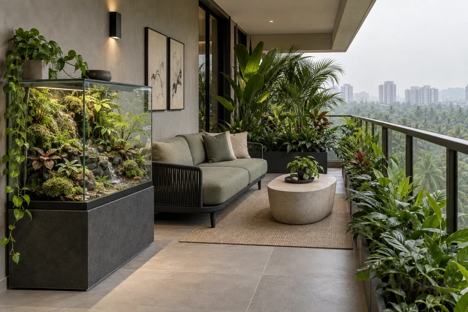 A rainforest behind glass — a modern Japanese-inspired tropical balcony with comfortable seating and a planted glass terrarium.