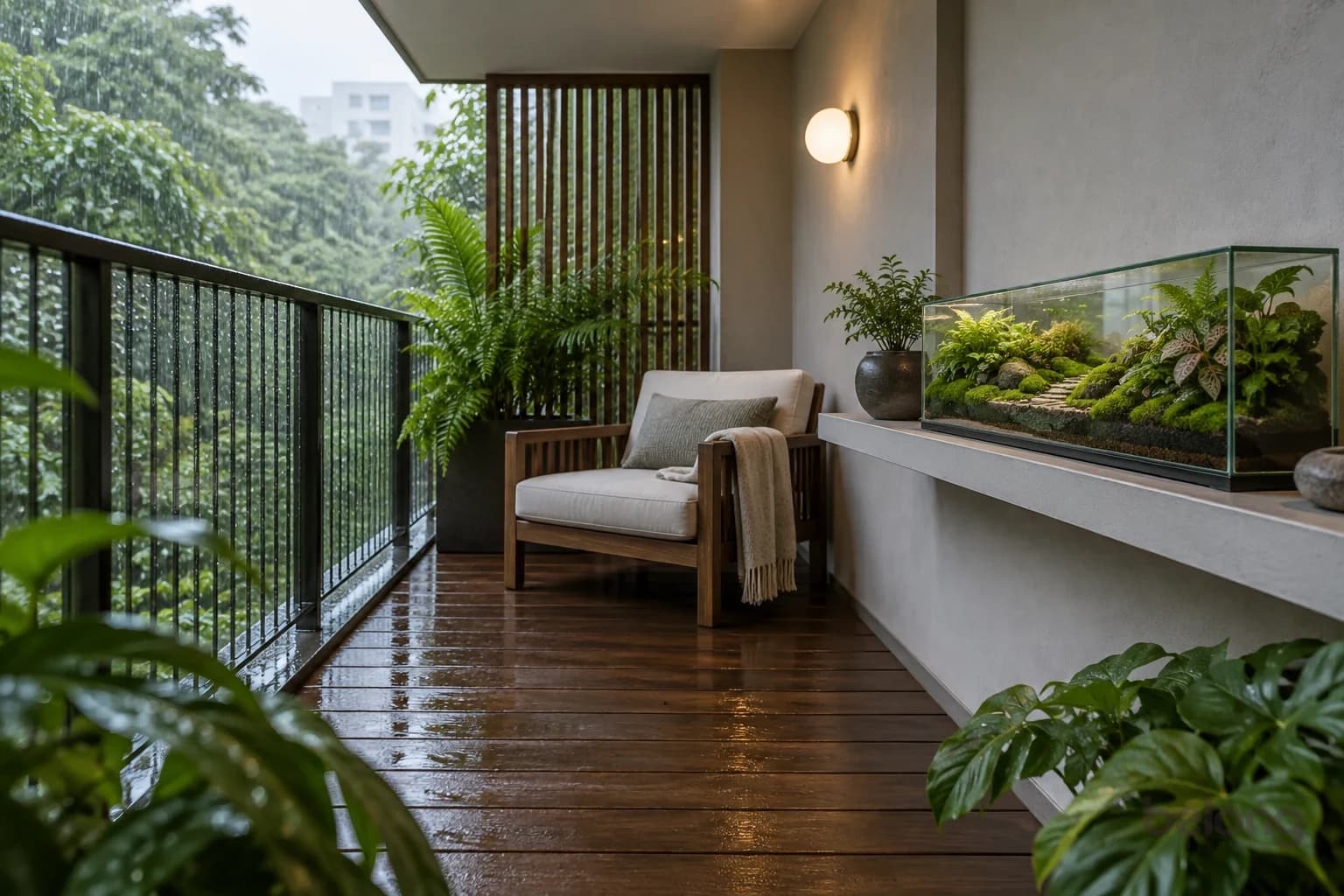 Reading beside the fern garden — a modern Japanese-inspired tropical balcony with comfortable seating and a planted glass terrarium.