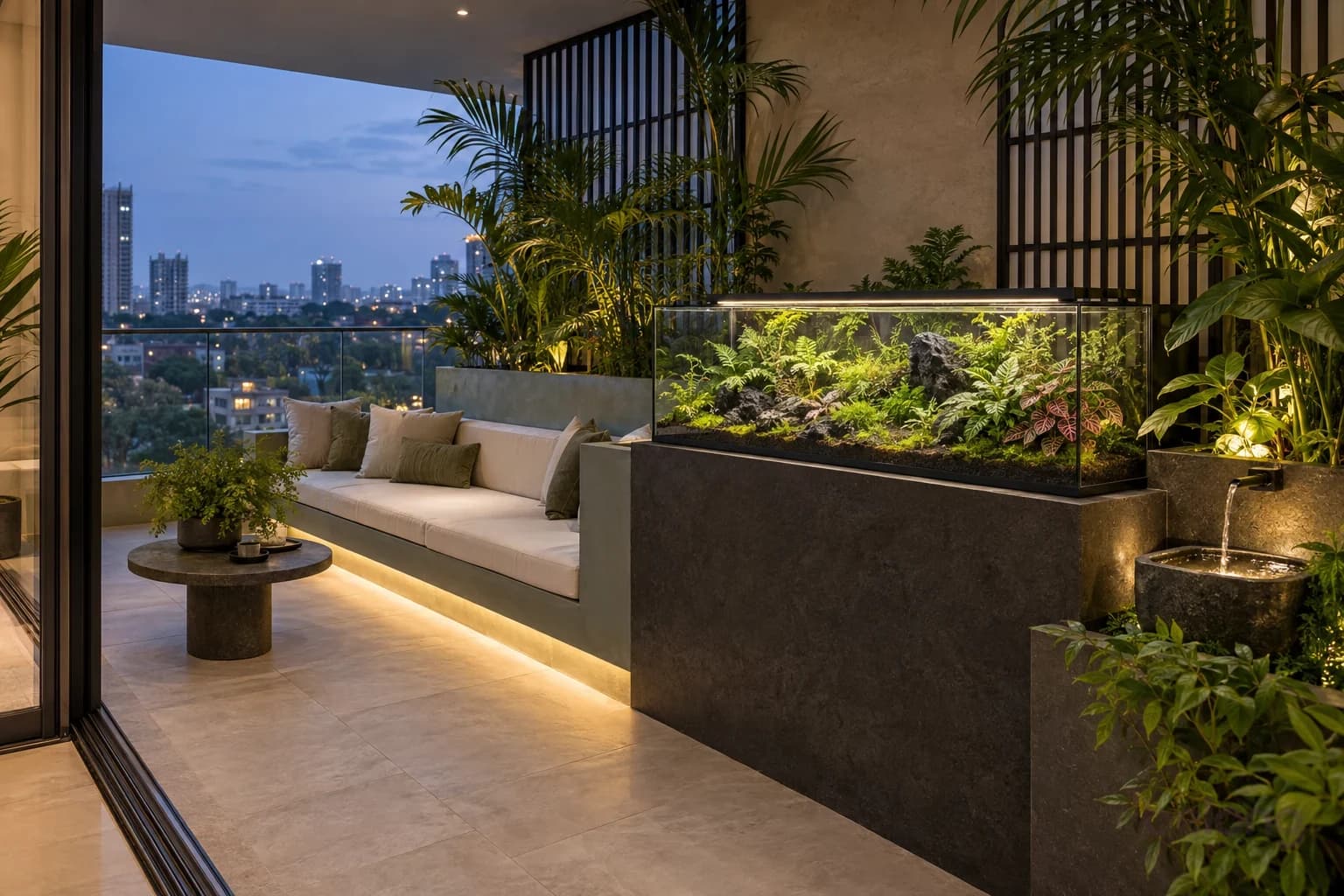The twilight moss lounge — a modern Japanese-inspired tropical balcony with comfortable seating and a planted glass terrarium.