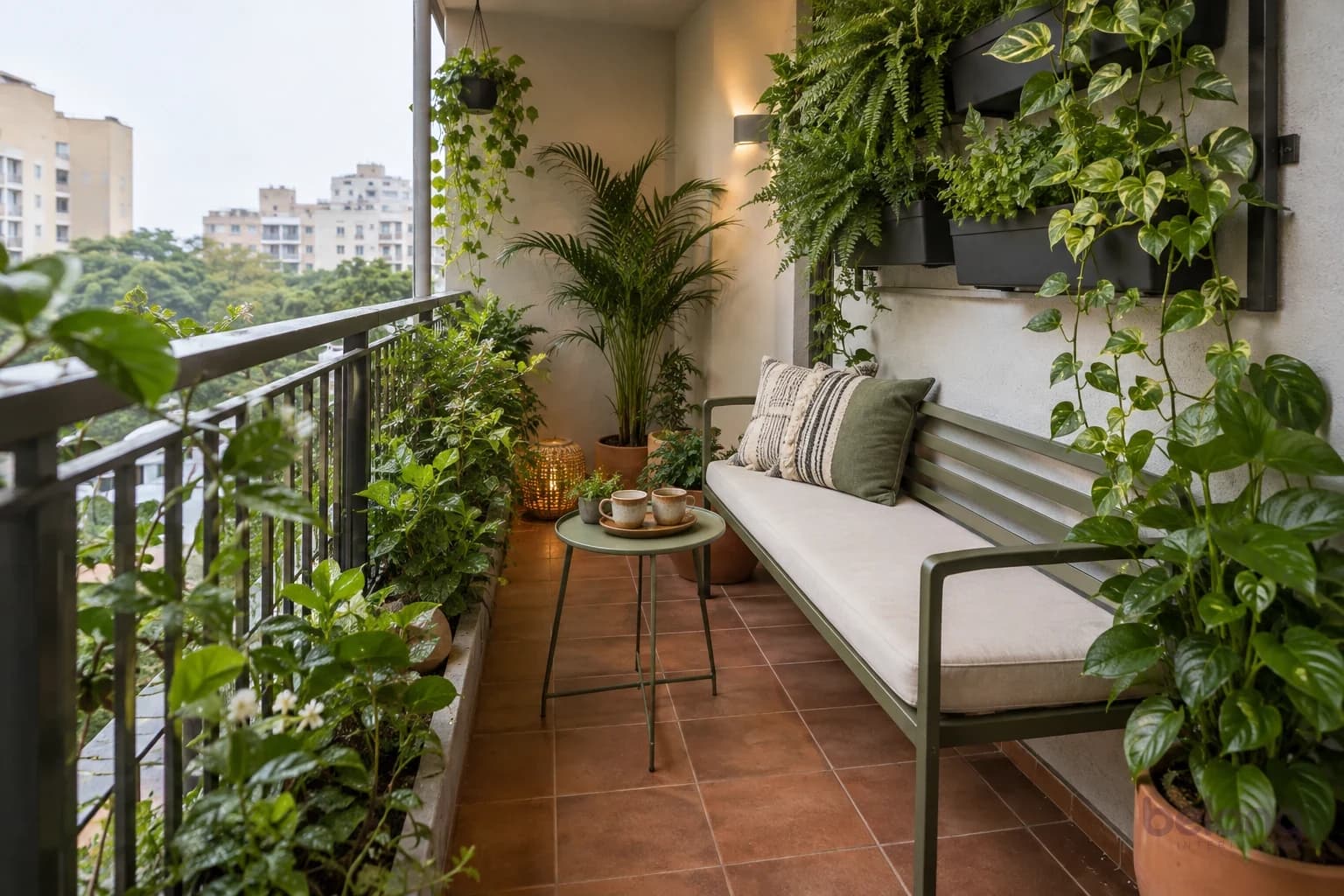A compact balcony with a wall of trailing plants, a sage built-in bench with cushions and a small side table on terracotta tiles.