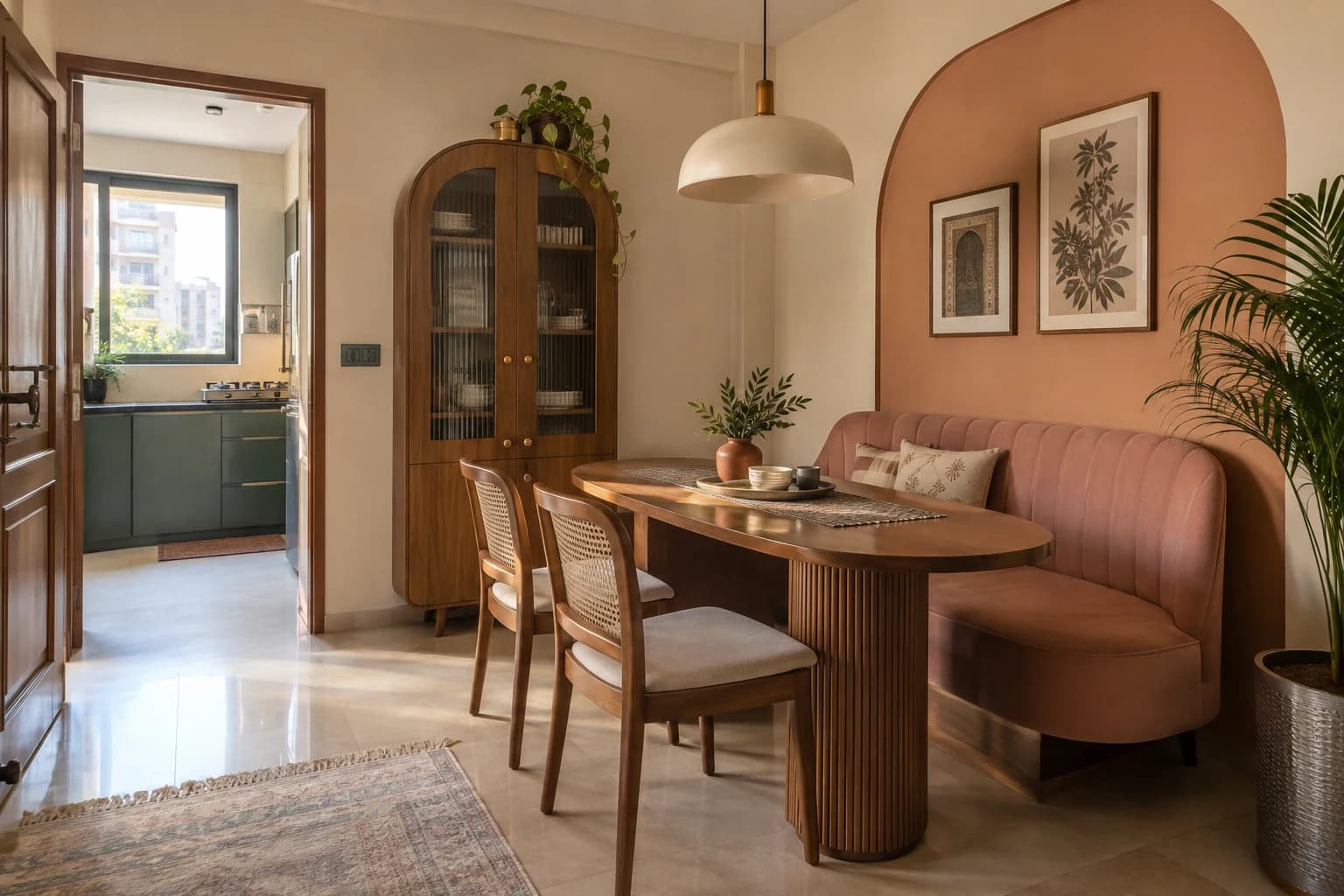 A practical compact Indian flat dining nook with a four-seat oval teak table, blush curved upholstered bench against one wall, two cane dining chairs and a rounded-end closed crockery cabinet.