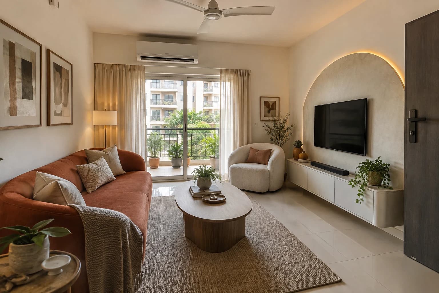 A compact flat living room with a softly curved terracotta three-seater sofa, oval oak coffee table, pale plaster curved TV backdrop with a usable low cabinet and a rounded lounge chair.