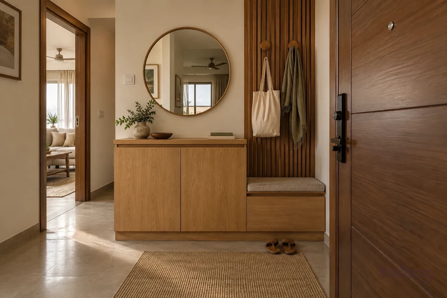 A compact flat entrance with a closed oak shoe cabinet, a cushioned seat beside it, a slatted wood panel with two hooks holding a cloth bag and a scarf, and a round mirror above.