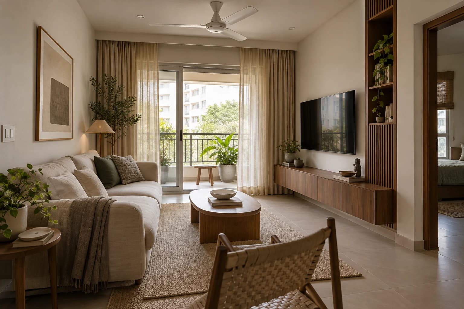 A compact living room, low but comfortable oatmeal linen sofa, curved solid-oak coffee table, one slatted walnut storage niche and a white ceiling fan.