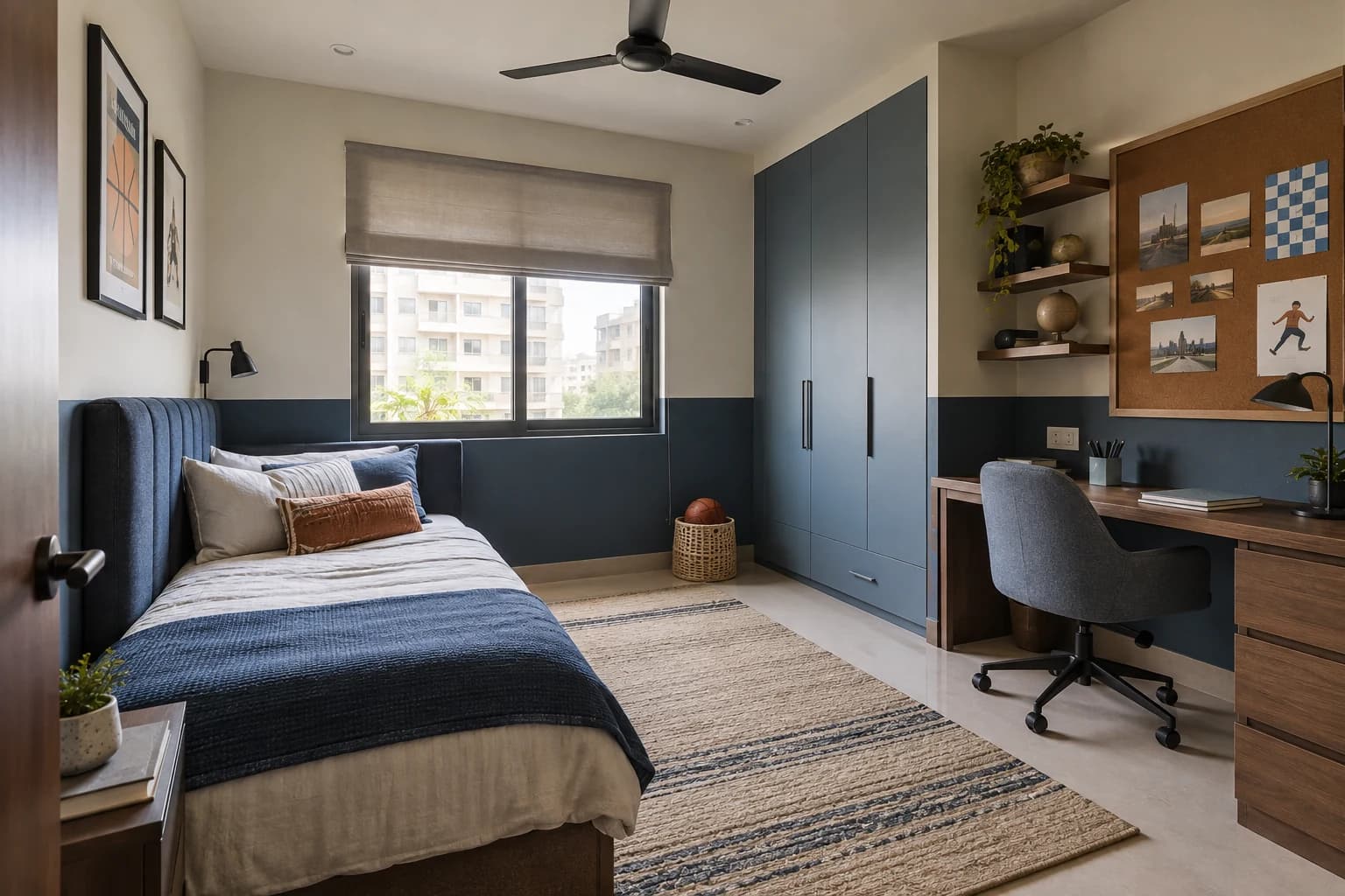 Blue and walnut tween room with a practical desk, pinboard and full-height wardrobe