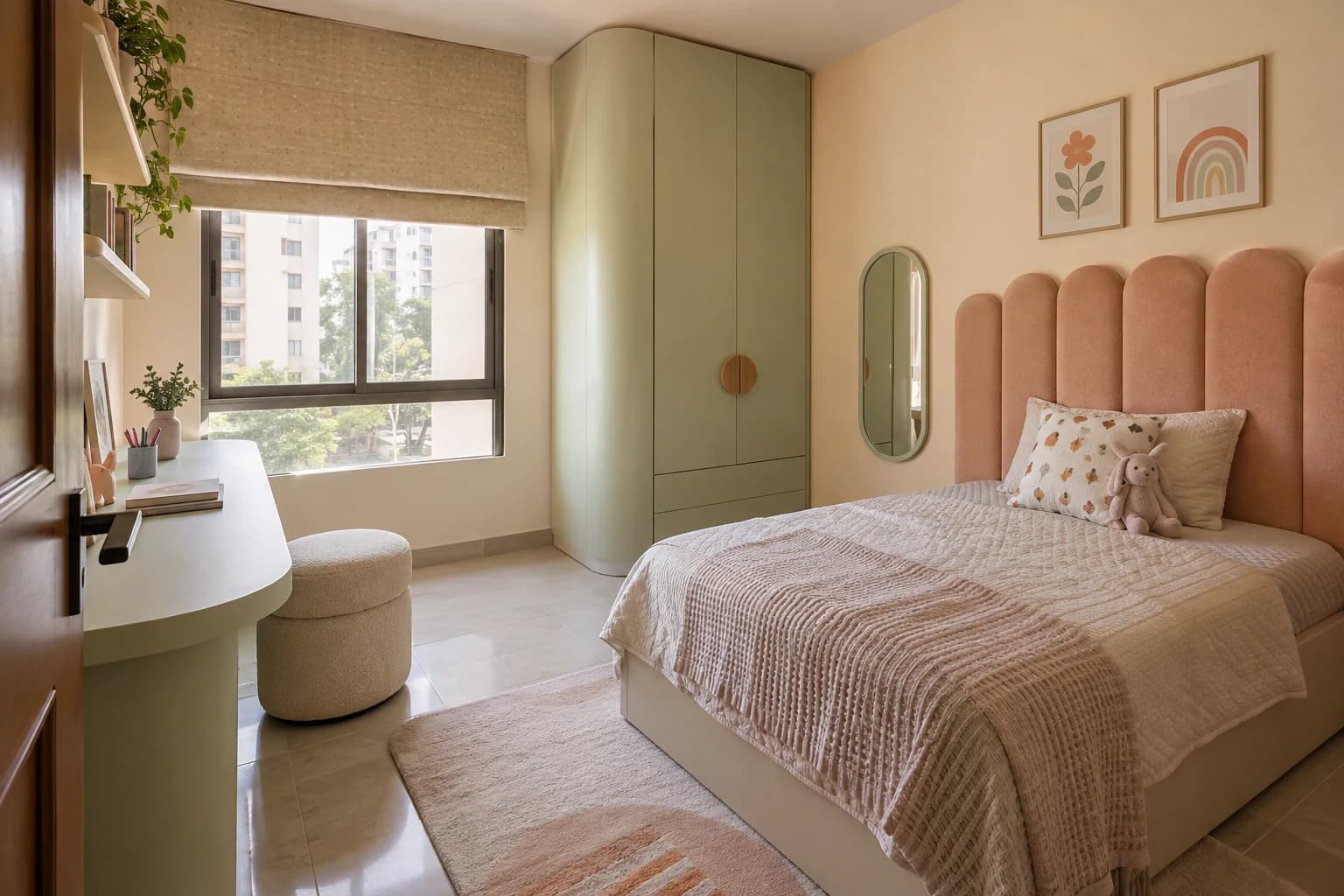 A compact child's bedroom with a peach scalloped headboard, oatmeal quilt, rounded wardrobe, pale mint study desk, rounded stool and pill-shaped wall mirror.