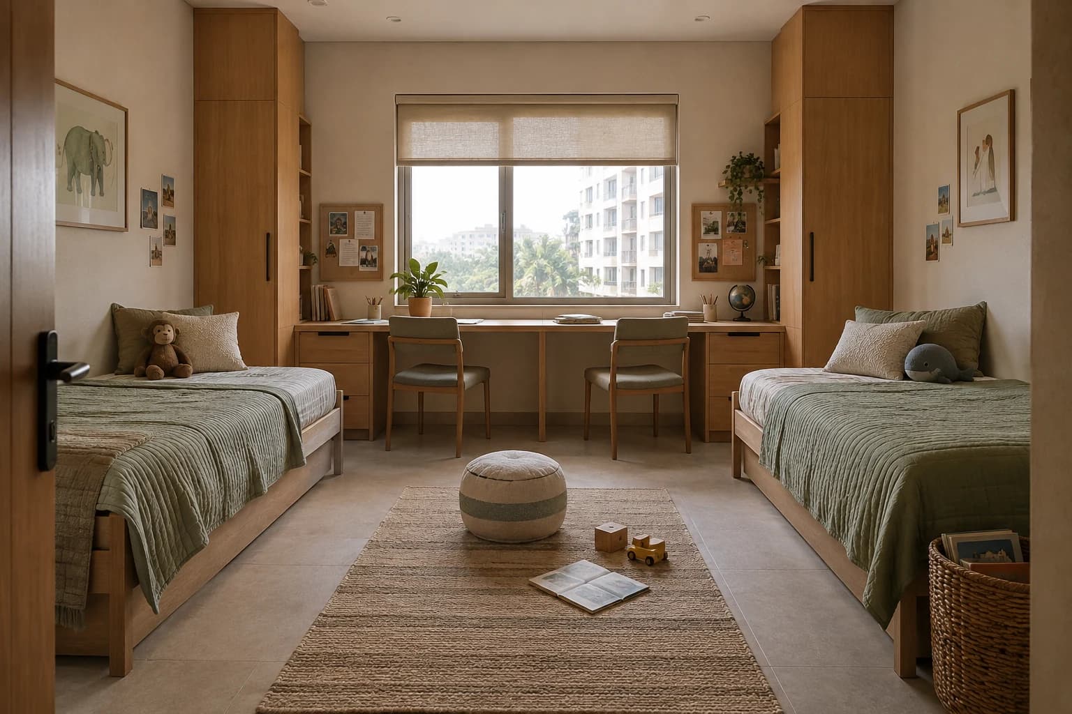 A compact siblings' room with two equal low oak single beds on opposing solid walls, sage linen quilts, a shared long study desk against the third solid wall and two chairs, individual closed drawers and tiny personal pinboards.