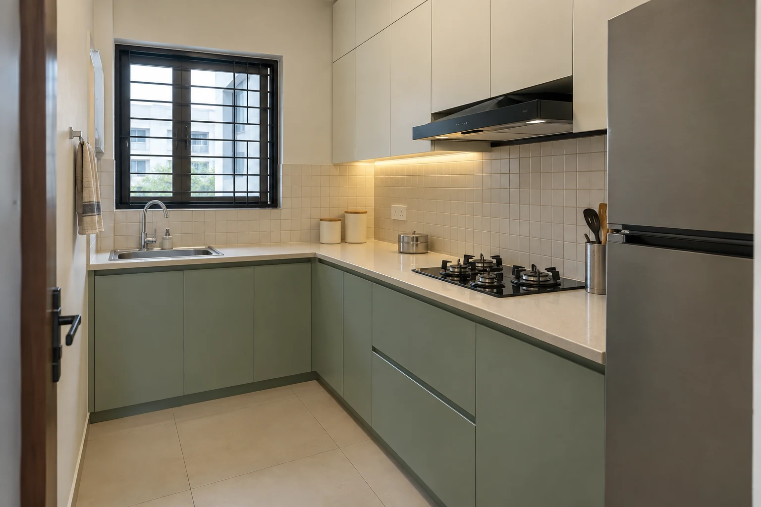 A compact L-shaped flat kitchen with matte sage lower cabinets, ivory ceiling-height uppers, pale quartz counters and small ivory square backsplash tiles.