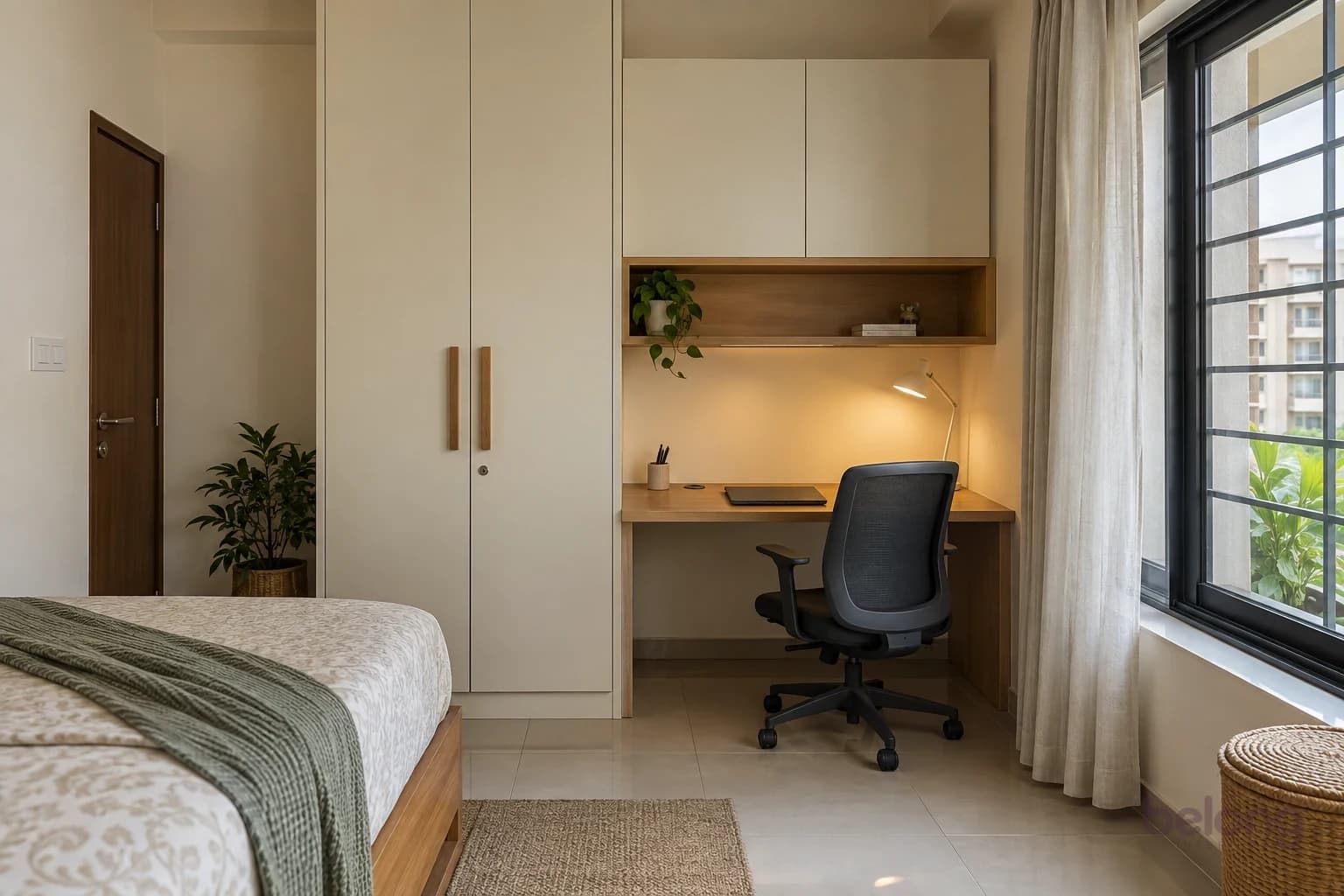 A work niche between a cream wardrobe and a window, with a simple oak desk, a closed cabinet overhead, one open shelf with a trailing plant and a dark grey office chair.
