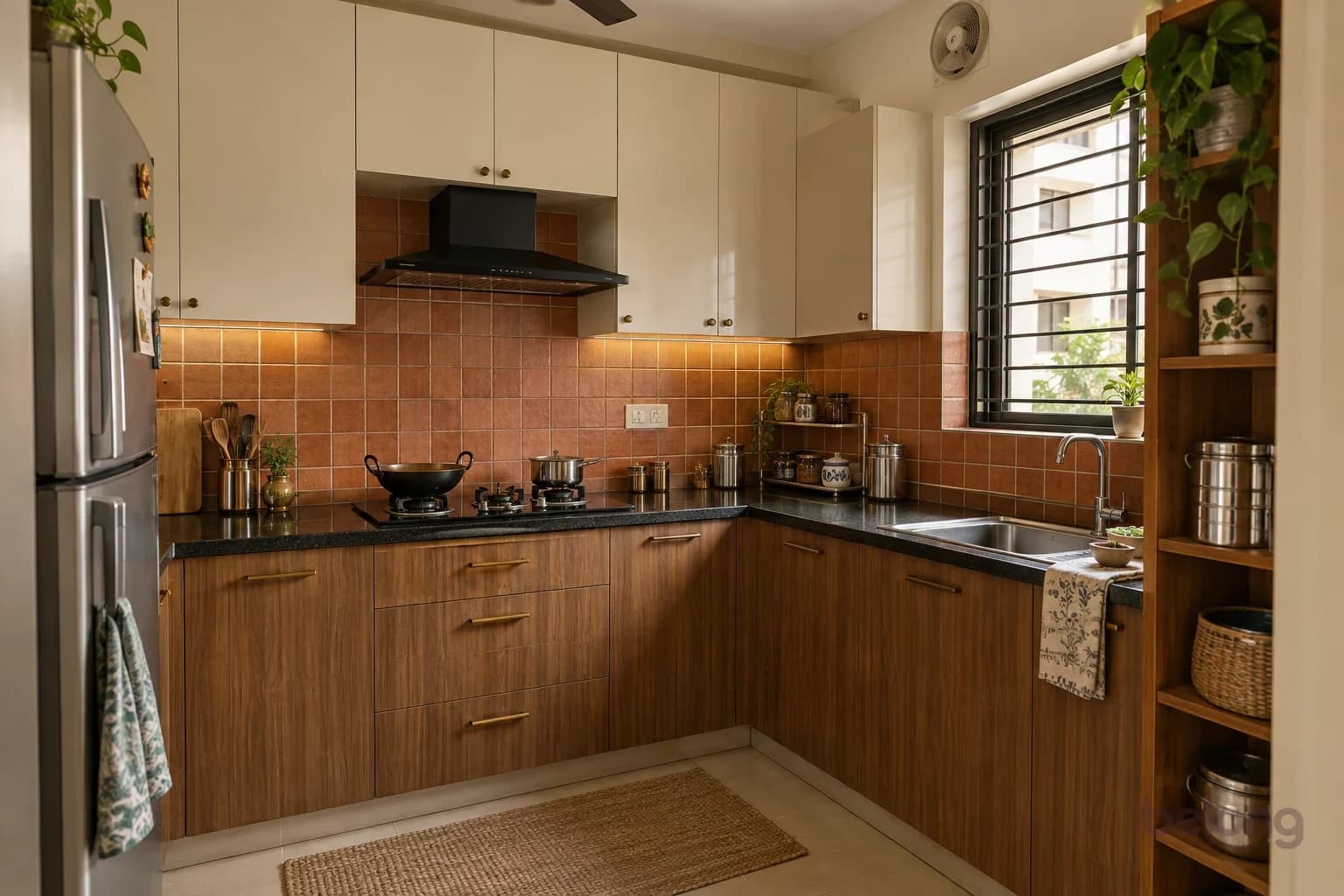 A compact L-shaped kitchen with teak-toned lower cabinets, ivory upper cabinets, a terracotta tile backsplash, a black chimney over the hob and an open barred window beside the sink.