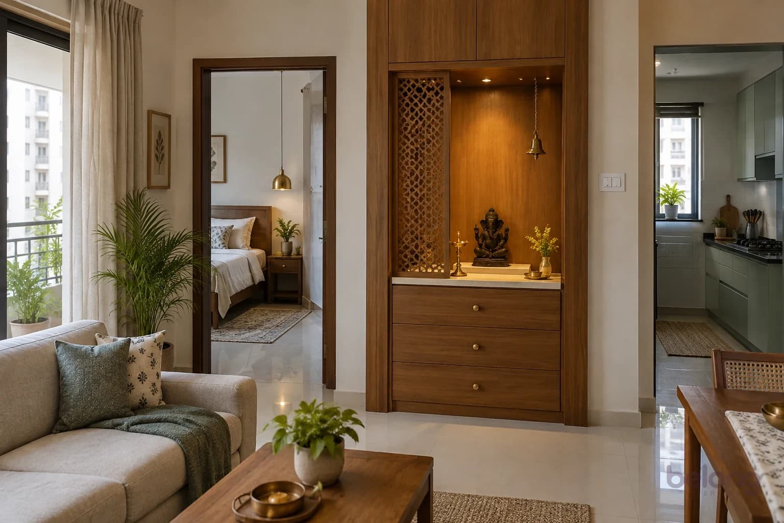 A pooja niche built into a teak wall unit beside a living room, with a pierced wooden screen, a brass lamp and bell, a small idol on a pale stone ledge and three drawers below.