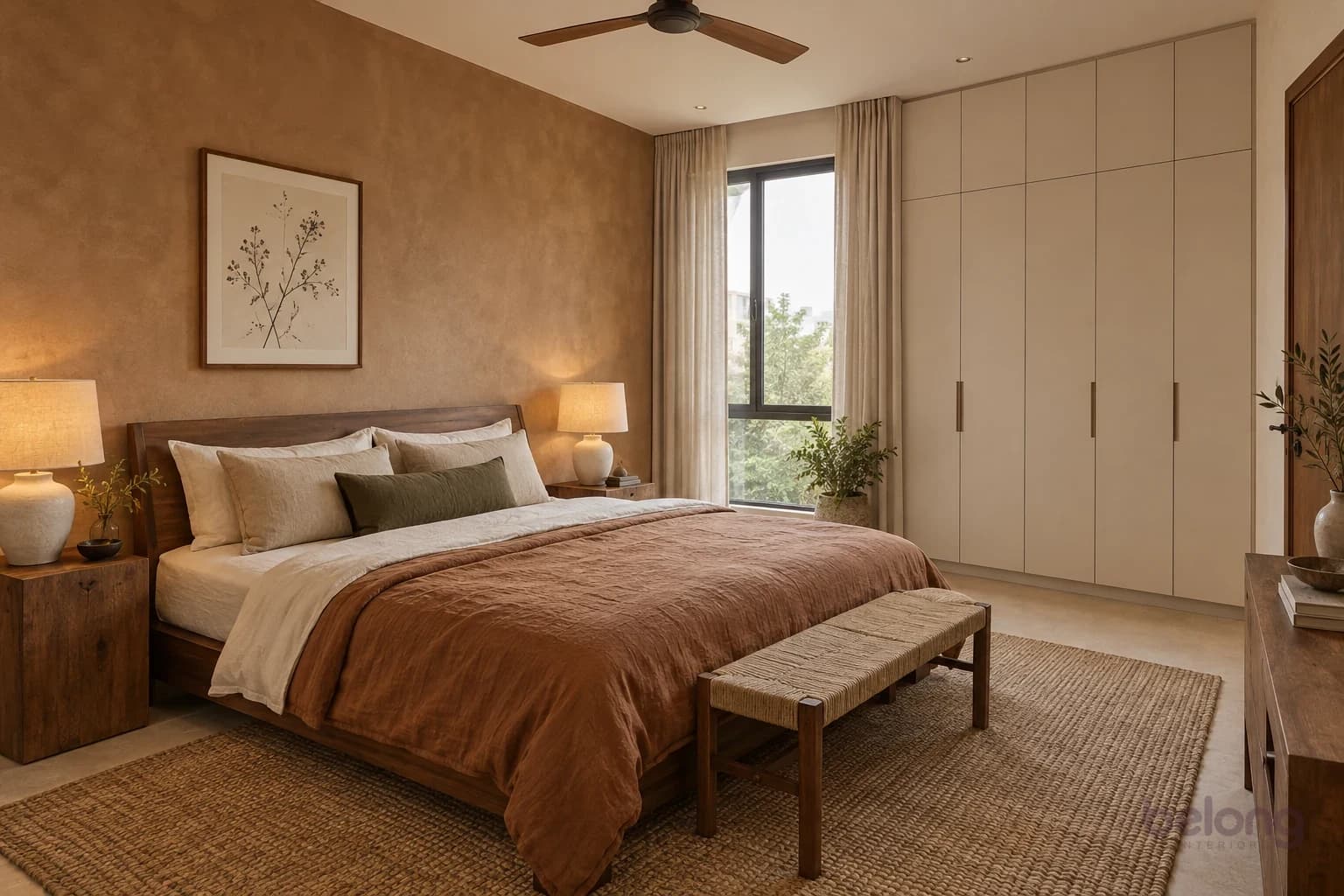 Bedroom with a warm clay limewash wall behind a low walnut bed, ivory linen sheets, a cinnamon duvet, an olive cushion, a jute rug and tall cream wardrobes.