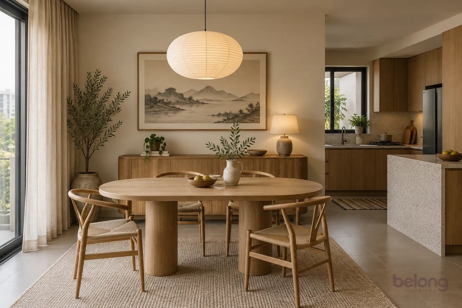 Dining room with a racetrack-shaped pale oak table on two round pedestals, curved oak chairs with woven seats, a fluted sideboard with rounded ends and a round paper pendant light