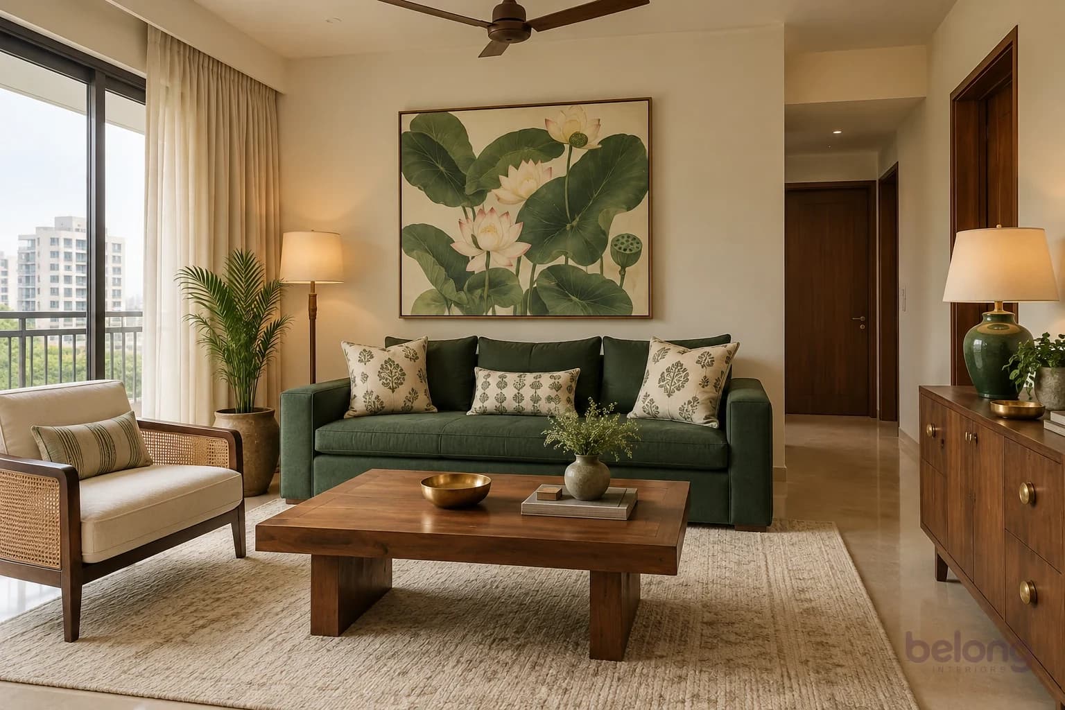 A living room with an emerald linen sofa, cream block-print cushions, a teak coffee table, an ivory upholstered chair and a warm cream rug.