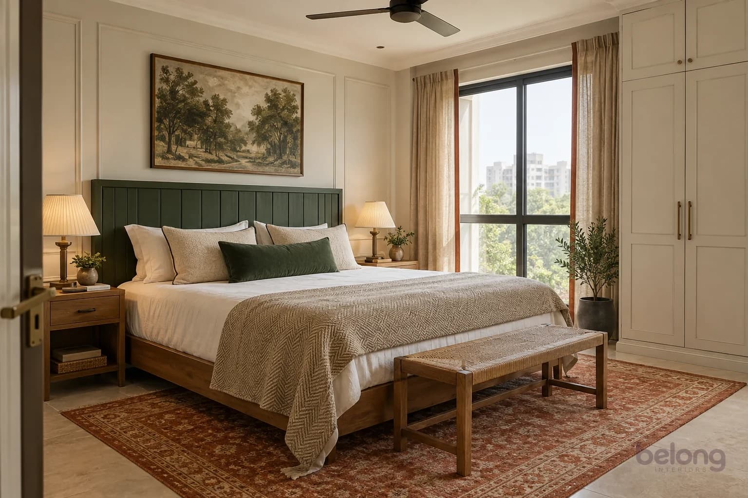 A bedroom with a forest-green panelled headboard behind an oak bed, white cotton sheets, an oatmeal herringbone coverlet, a patterned rug and plain white wardrobes.