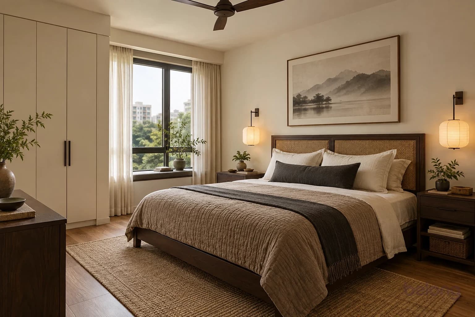 A bedroom with a dark oak bed and woven headboard panel, ivory linen, a mushroom quilt and a paper pendant lamp.
