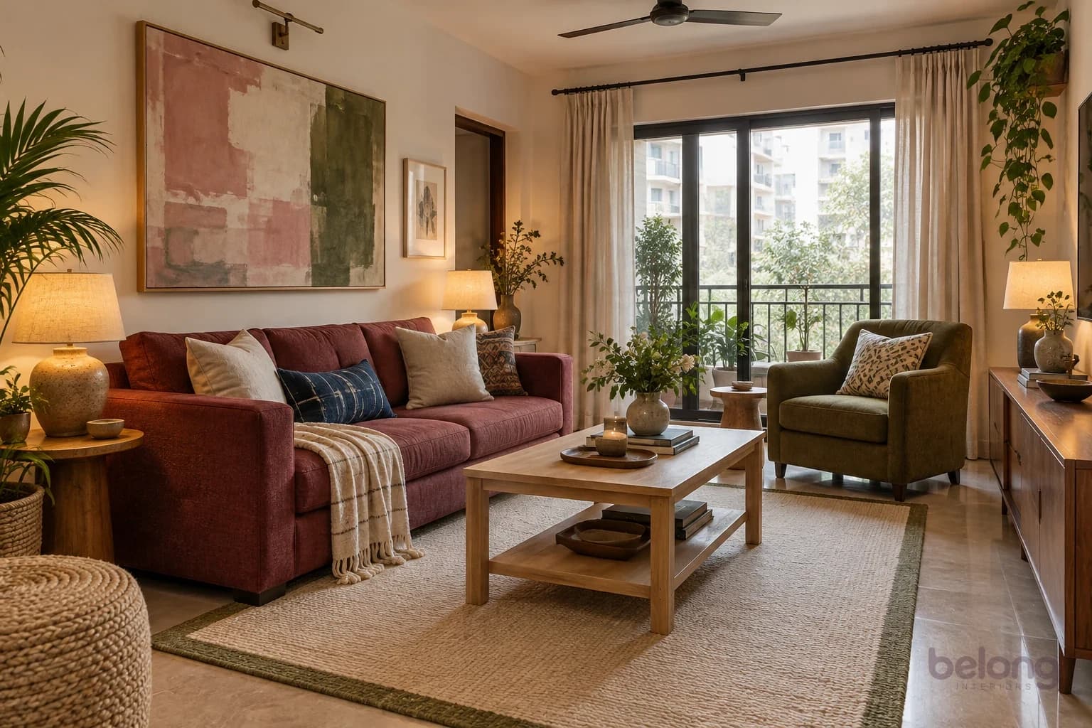 Living room with a raspberry sofa, an olive armchair, a pale oak coffee table, cream and indigo cushions, a cream rug with an olive border and a pink and green painting on a cream wall.