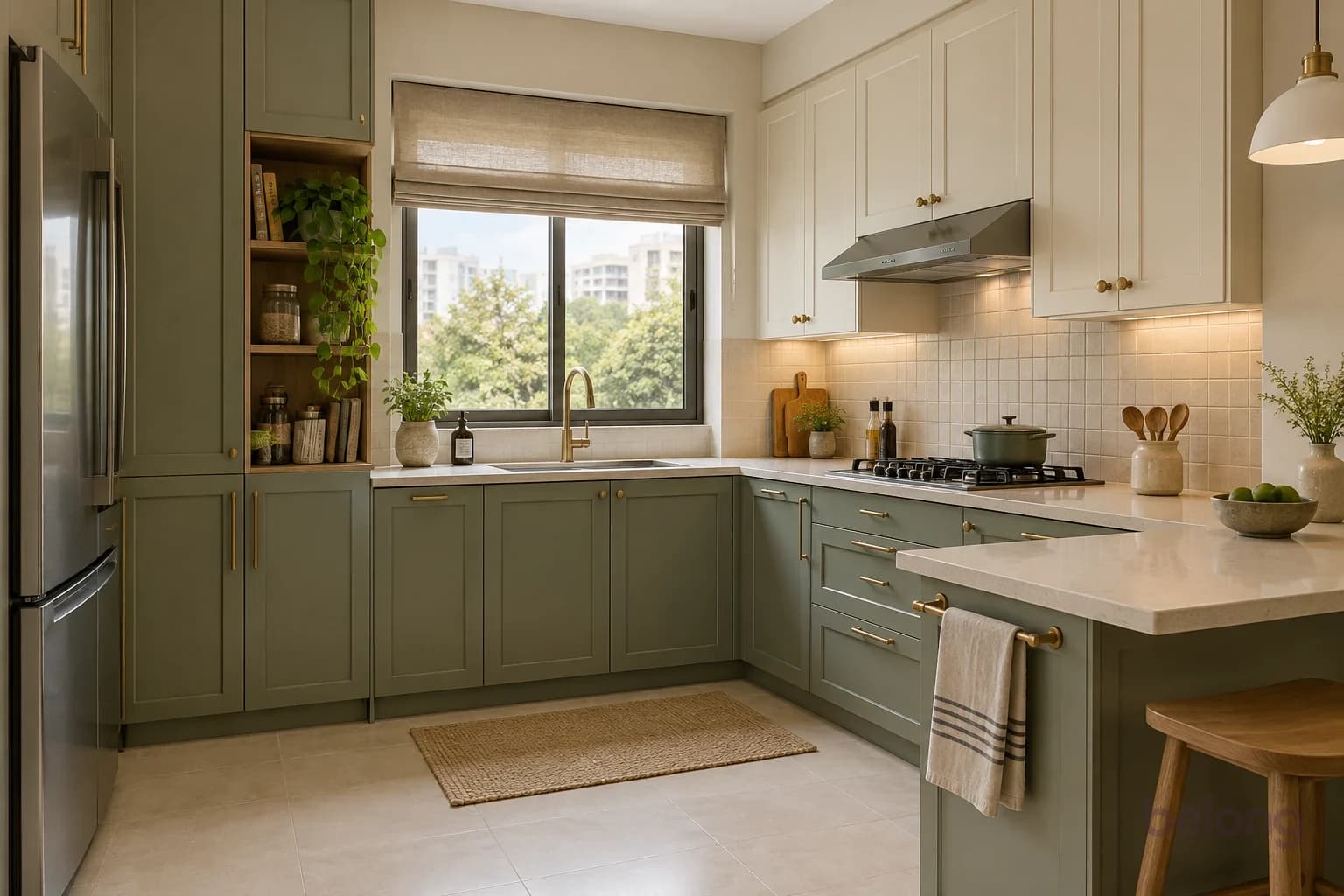 Kitchen with sage shaker cabinets, brushed brass pulls and tap, an ivory worktop, a cream square-tile backsplash and a woven runner on pale floor tiles.