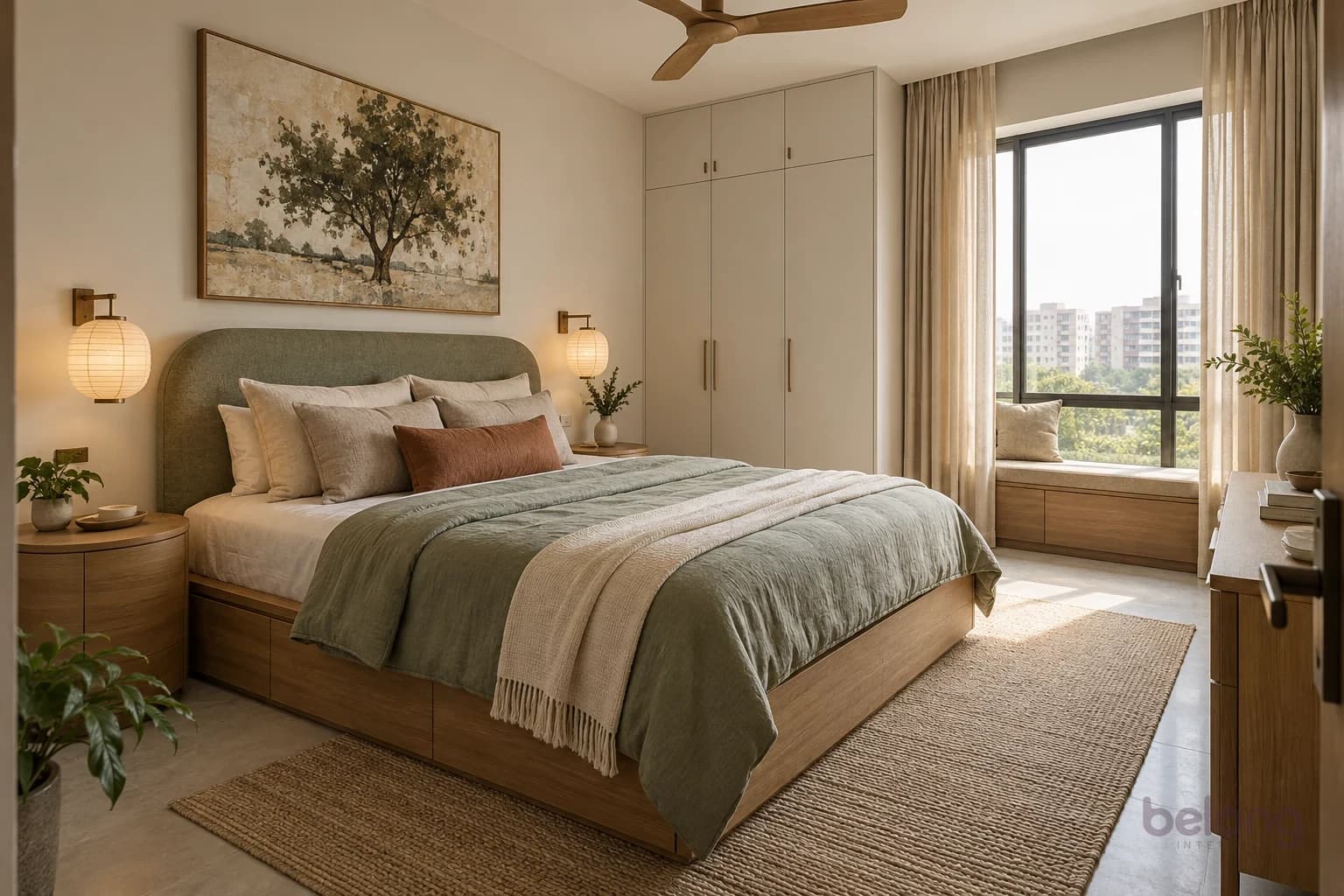Bedroom with a sage upholstered arched headboard, a low oak storage bed, round oak bedside cabinets and paper lantern wall lights beside a straight white wardrobe