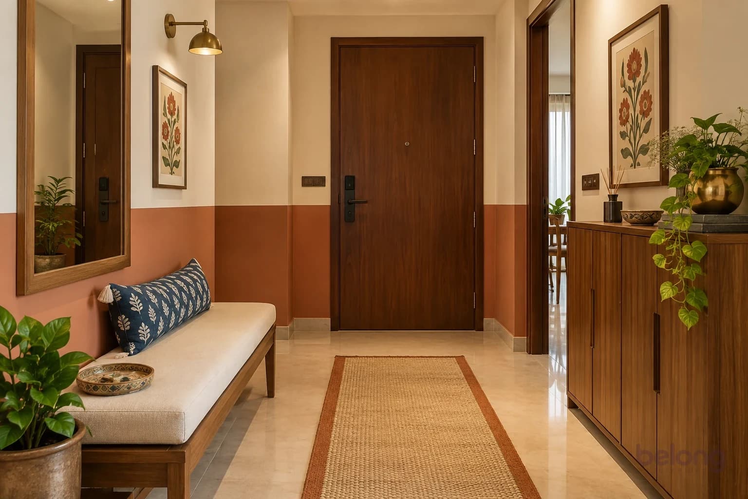 An apartment foyer with a terracotta painted half-wall, a wooden main door, a jute runner, a cream bench with an indigo block-print cushion, a brass wall light and a teak shoe cupboard with a trailing plant.