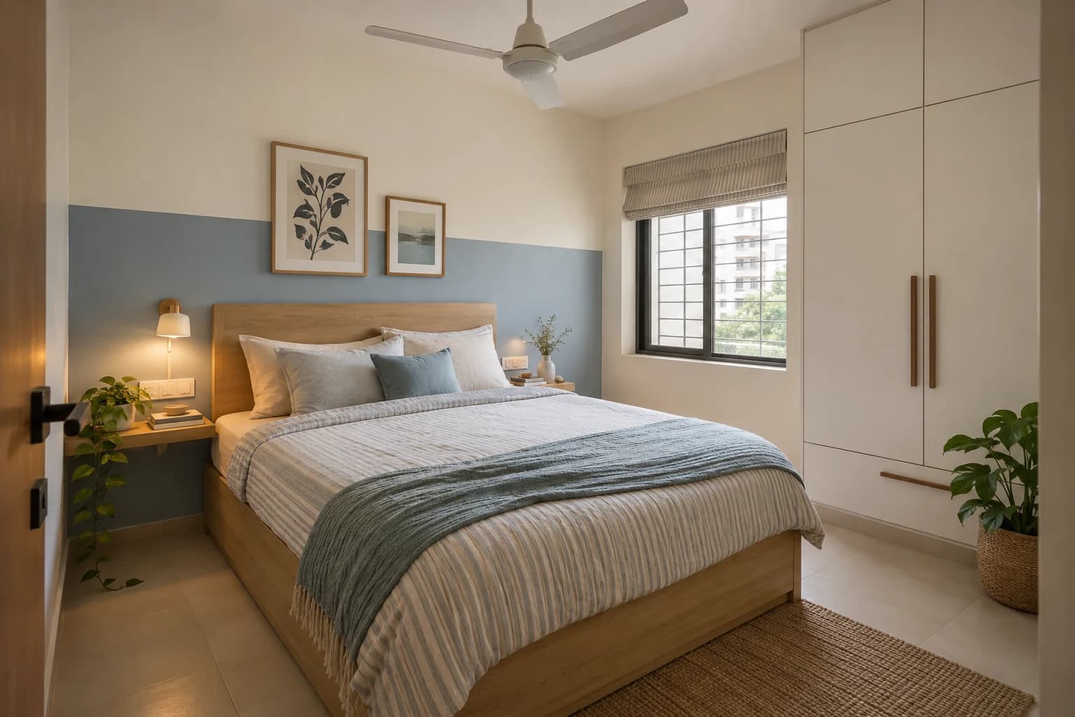 A compact bedroom with a pale oak storage queen bed, chalk blue half-painted headboard wall, finely striped cotton duvet, a compact white built-in wardrobe and shallow bedside ledges.