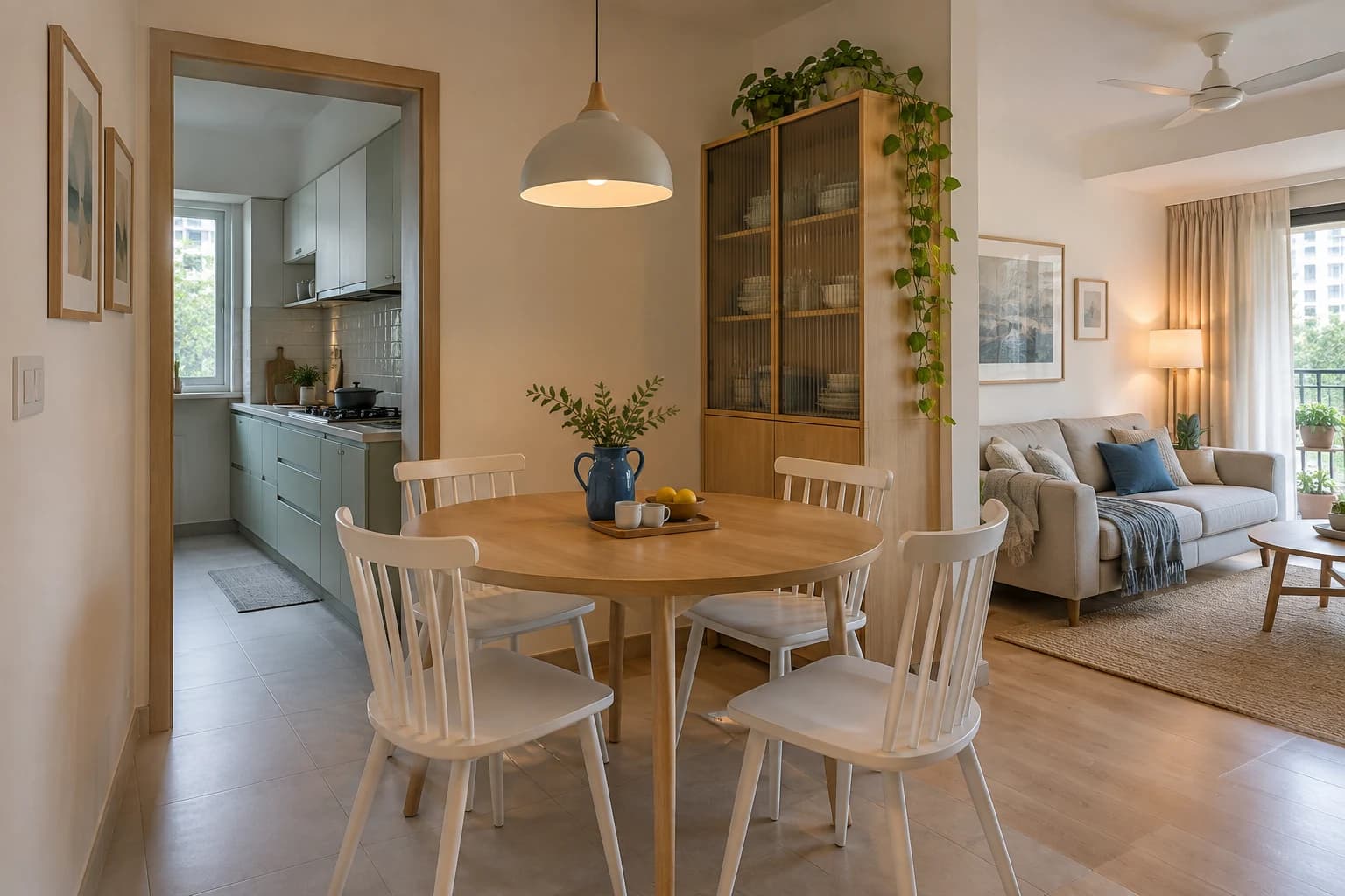 A light oak round table for four between an apartment kitchen door and living room, white spindle chairs, one blue ceramic jug and a small dome pendant.