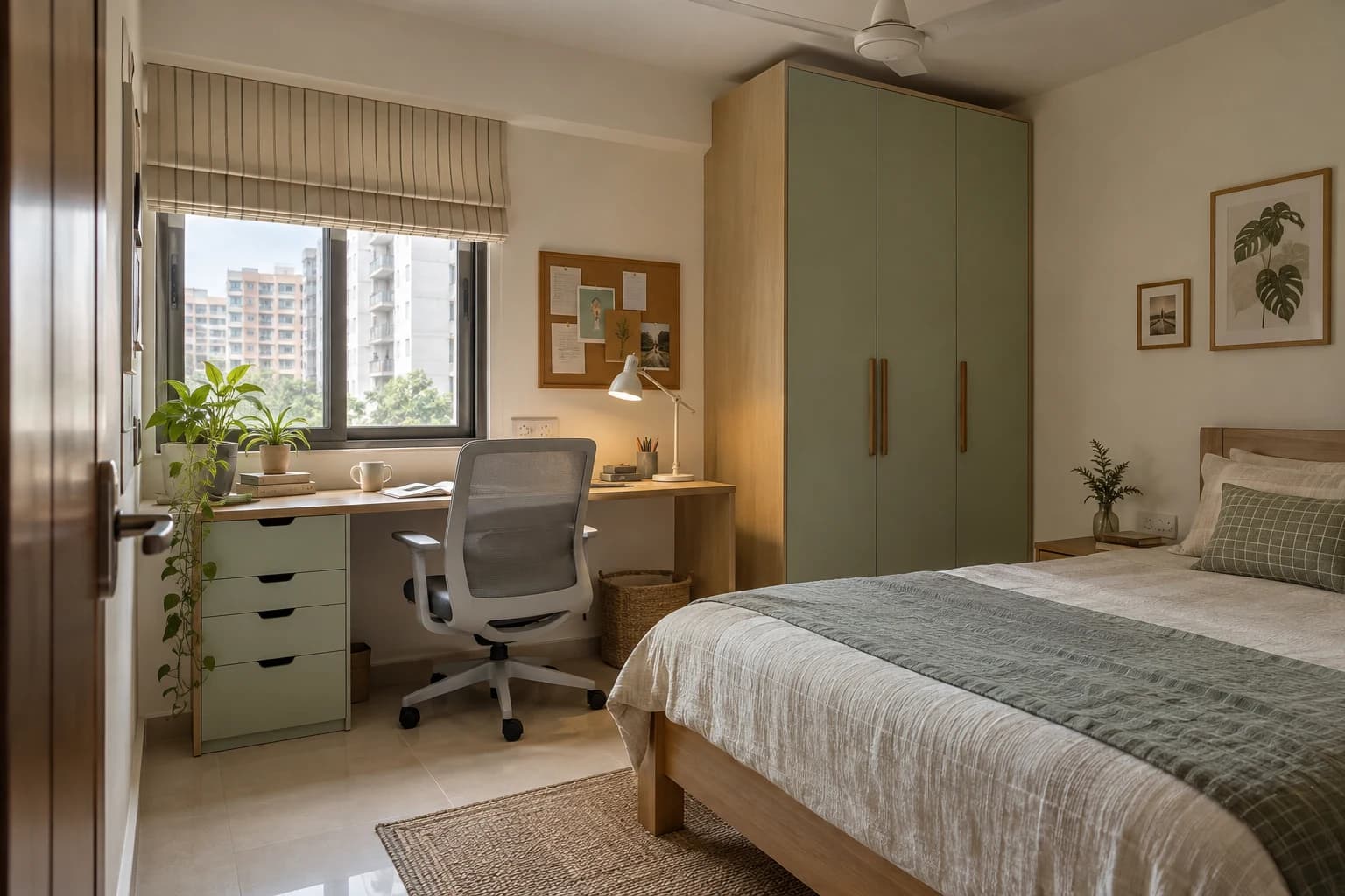 A compact pale oak desk fitted beside an apartment window, pistachio storage drawers, an adjustable chair, pinboard with notes and task lamp.