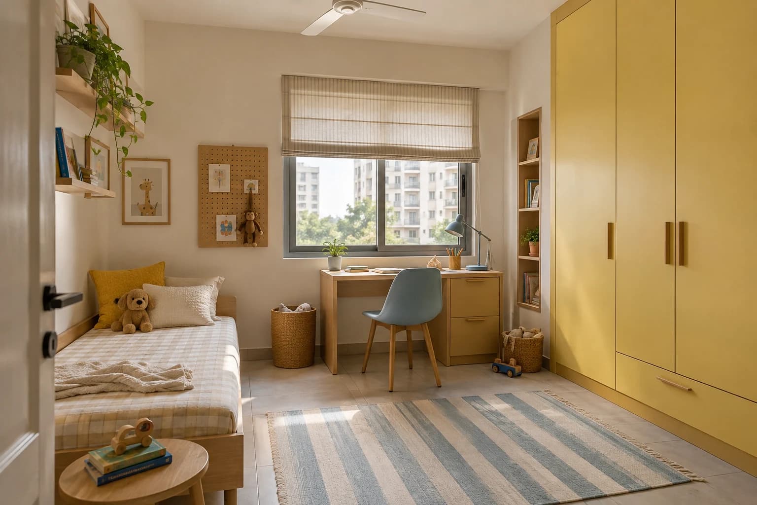 A compact child's room with a low single bed, butter-yellow wardrobe doors, powder-blue study chair, oak desk at a window and a striped cotton rug.
