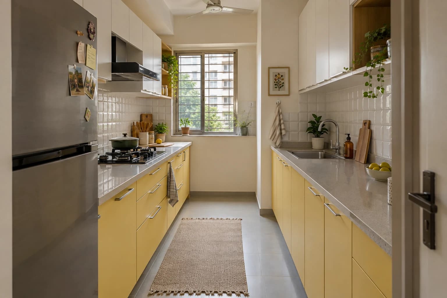 A narrow compact parallel kitchen, buttery yellow lower shutters and white overhead cabinets, pale grey quartz worktops and white square tile backsplash.