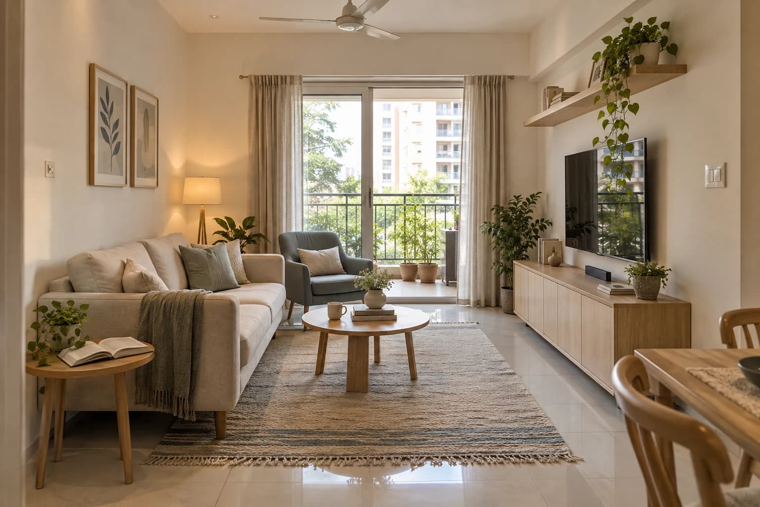 A compact flat living room, oatmeal three-seater sofa on oak legs, dusty blue armchair, compact rounded oak coffee table, a low closed TV cabinet and a cotton dhurrie.