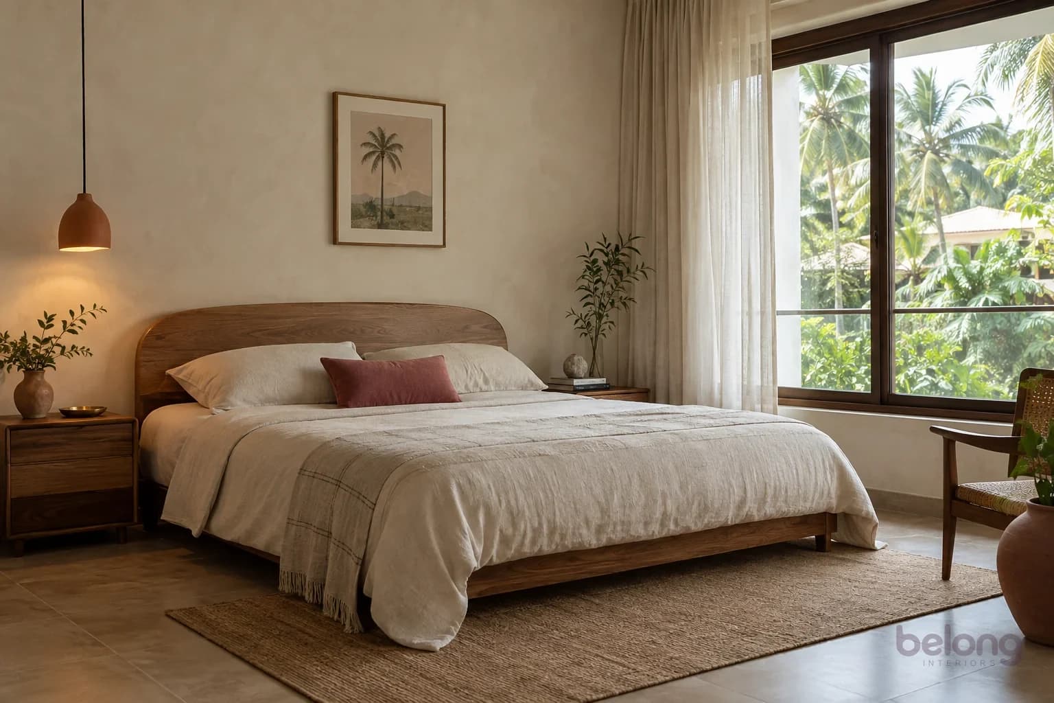Quiet bedroom with natural linen, warm timber and soft daylight