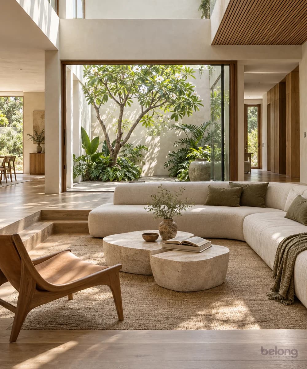 Tropical living room with a curved linen sofa, sculptural stone tables and a leafy courtyard