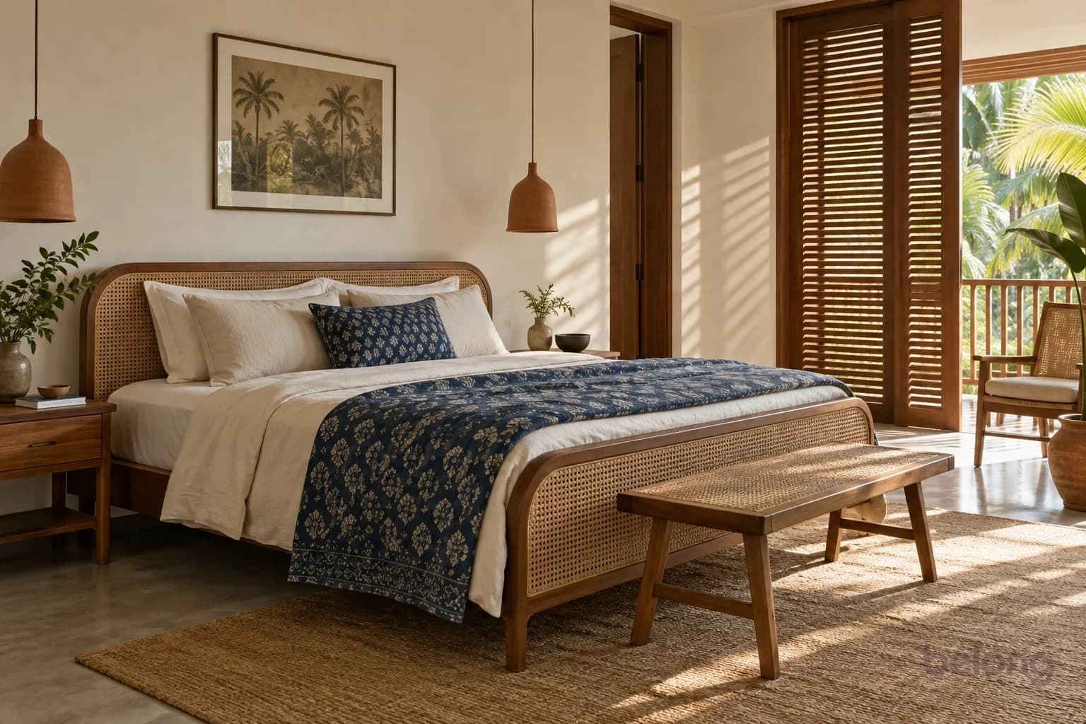 Bedroom with a wood and cane bed, indigo floral quilt, terracotta pendants and sunlight through wooden shutters