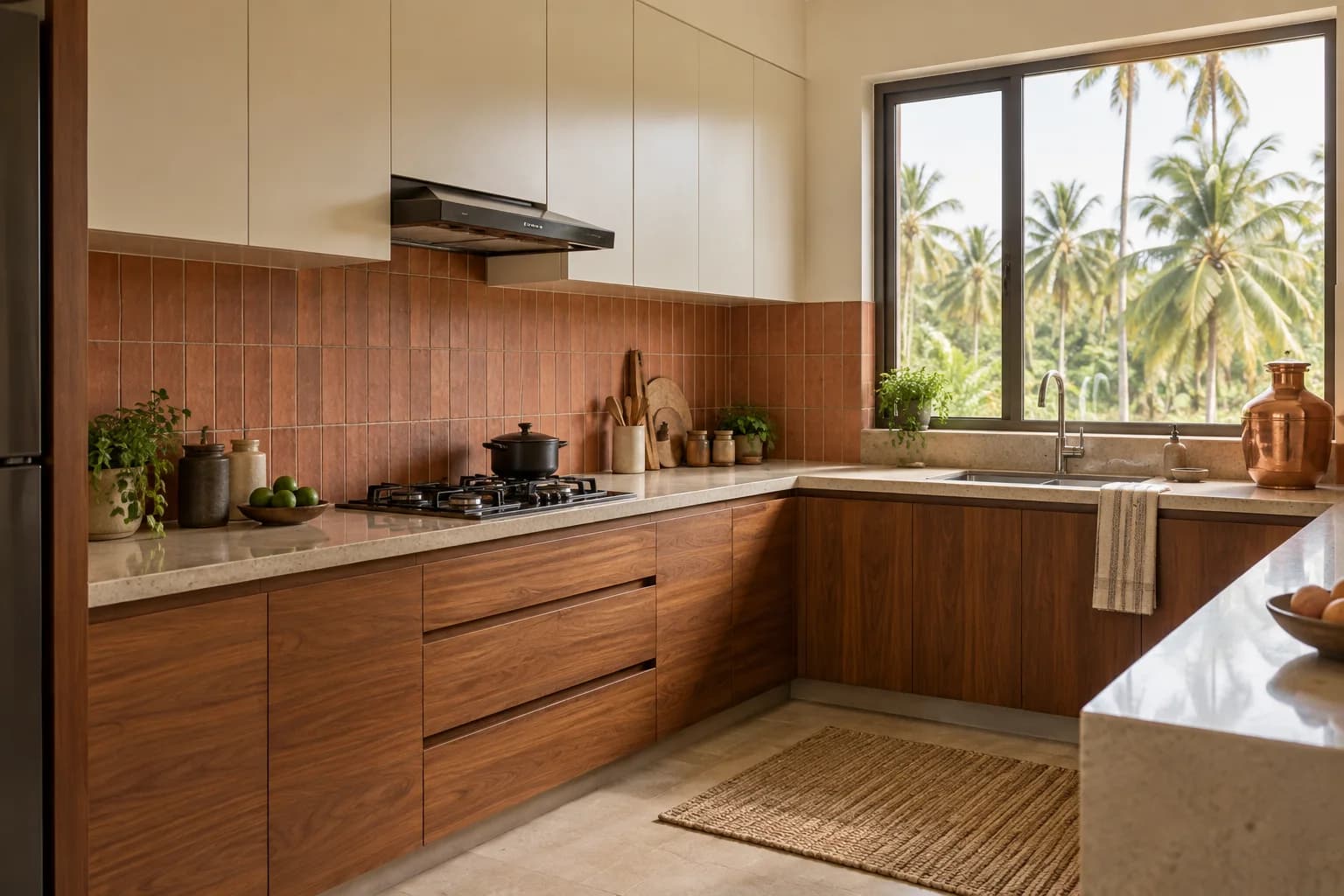 Practical modern Indian kitchen with timber cabinets and stone worktops