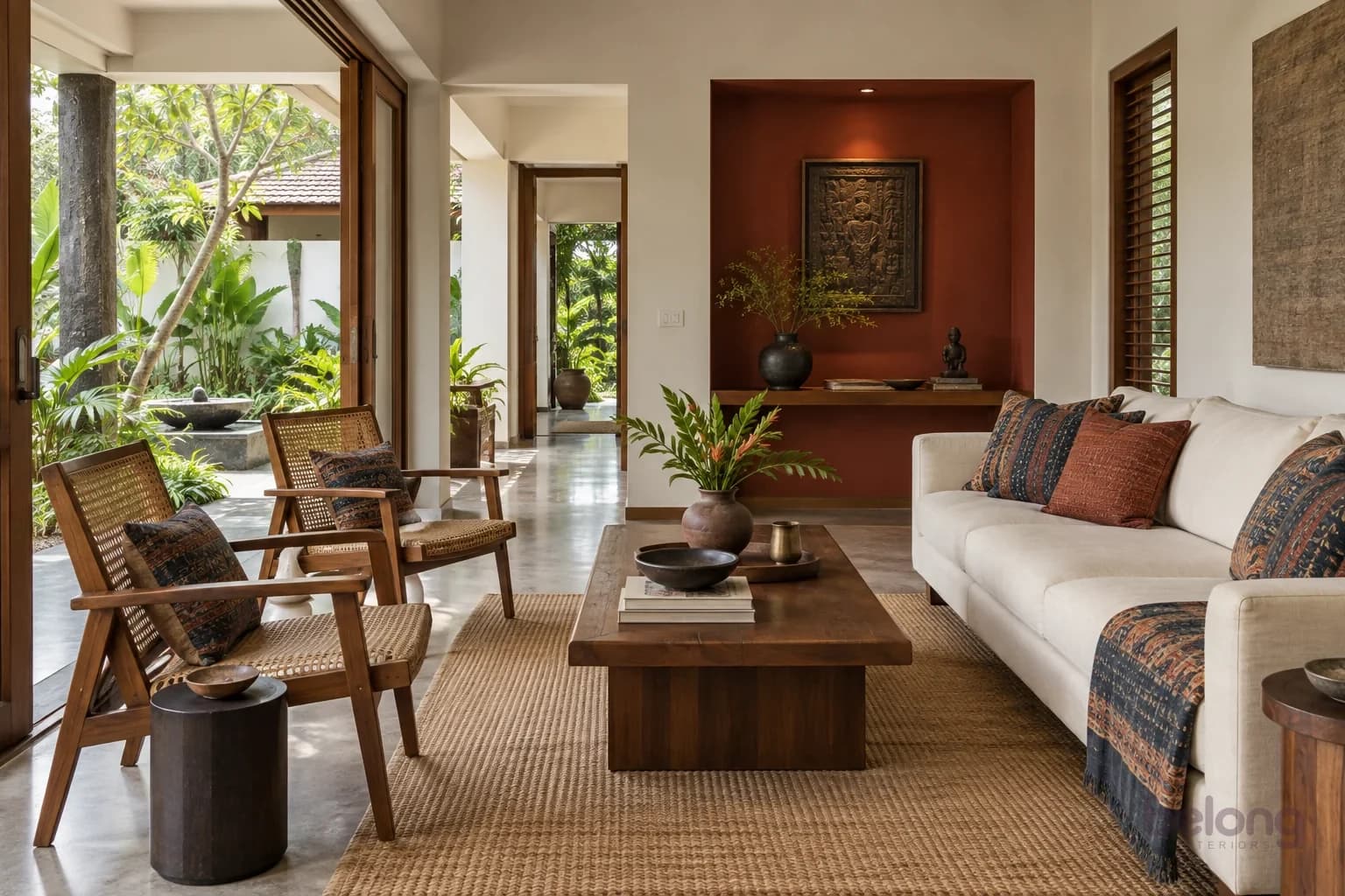Modern courtyard-style living room: wide timber doors open to a green courtyard, a terracotta niche, a louvred window, cane armchairs, a teak coffee table and a woven jute rug