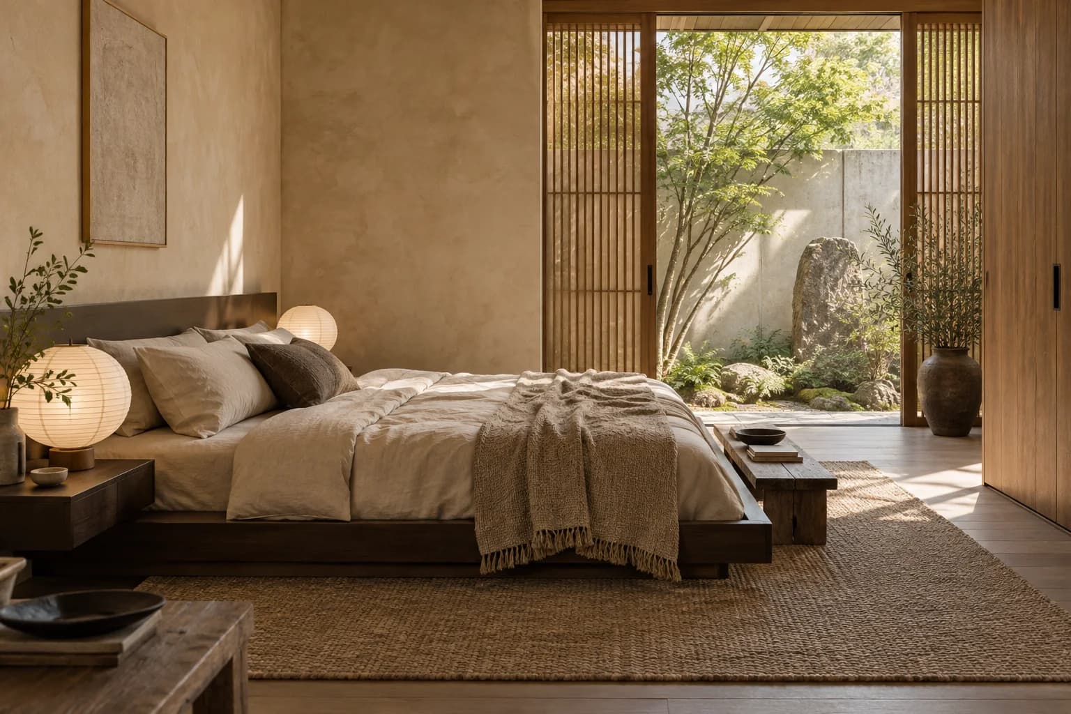 Japandi bedroom with warm timber and softly layered linen