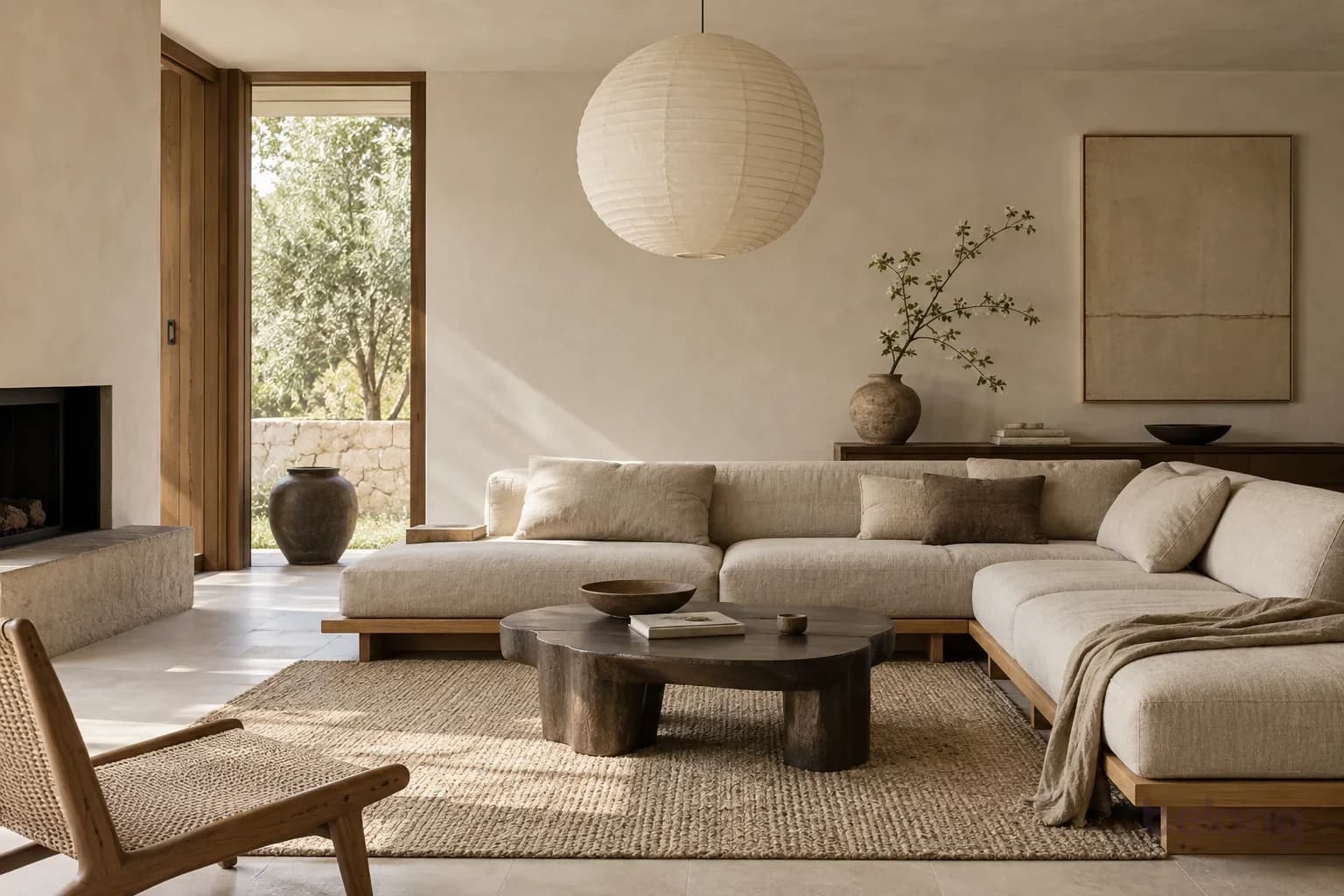 Quiet Japandi living room with warm wood and natural textures